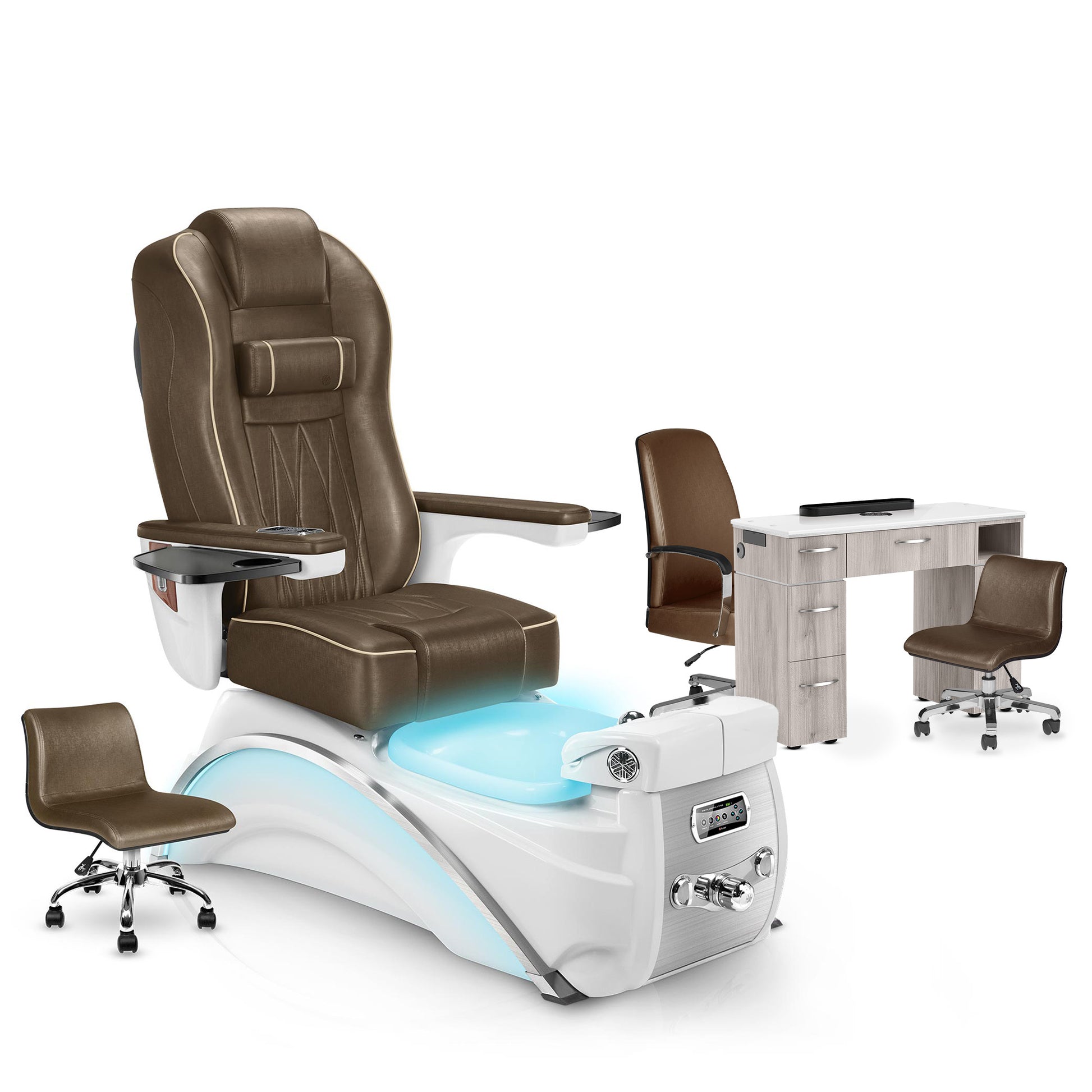 Cola-White Pearl-Hazel Lexor Elite Pedicure Chair and Nail Table Set