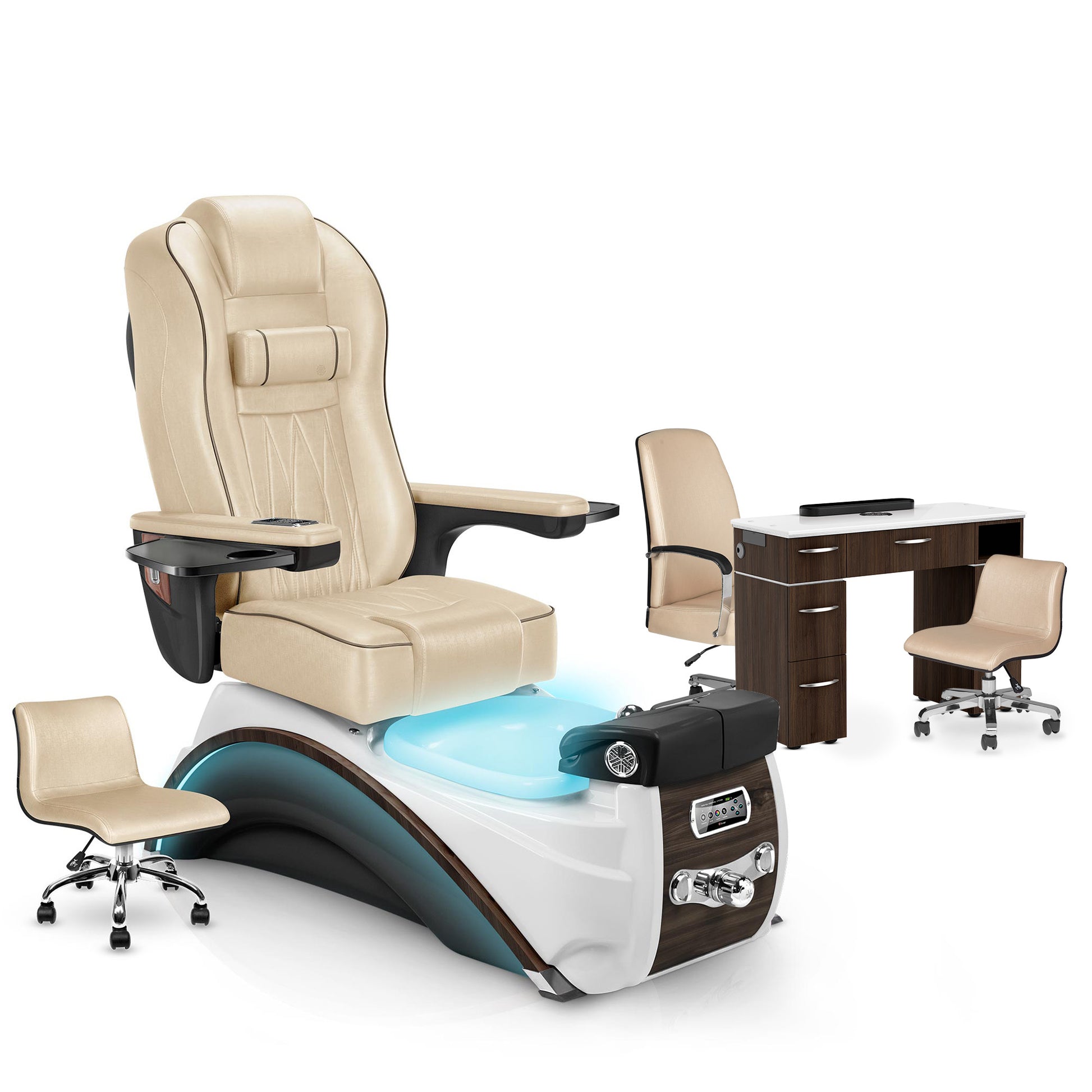 Glazed Gold-Espresso-Dark Walnut Lexor Elite Pedicure Chair and Nail Table Set