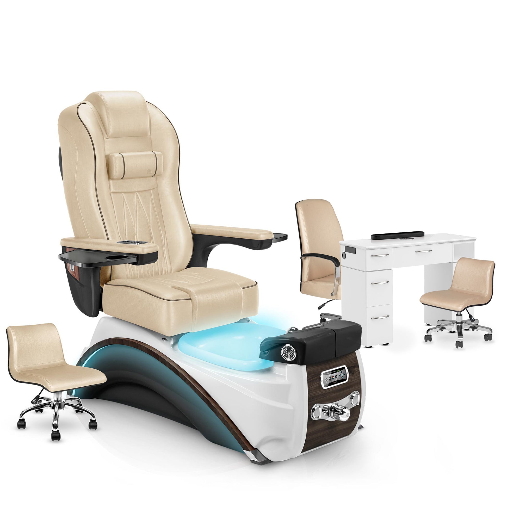Glazed Gold-Espresso-White Lexor Elite Pedicure Chair and Nail Table Set