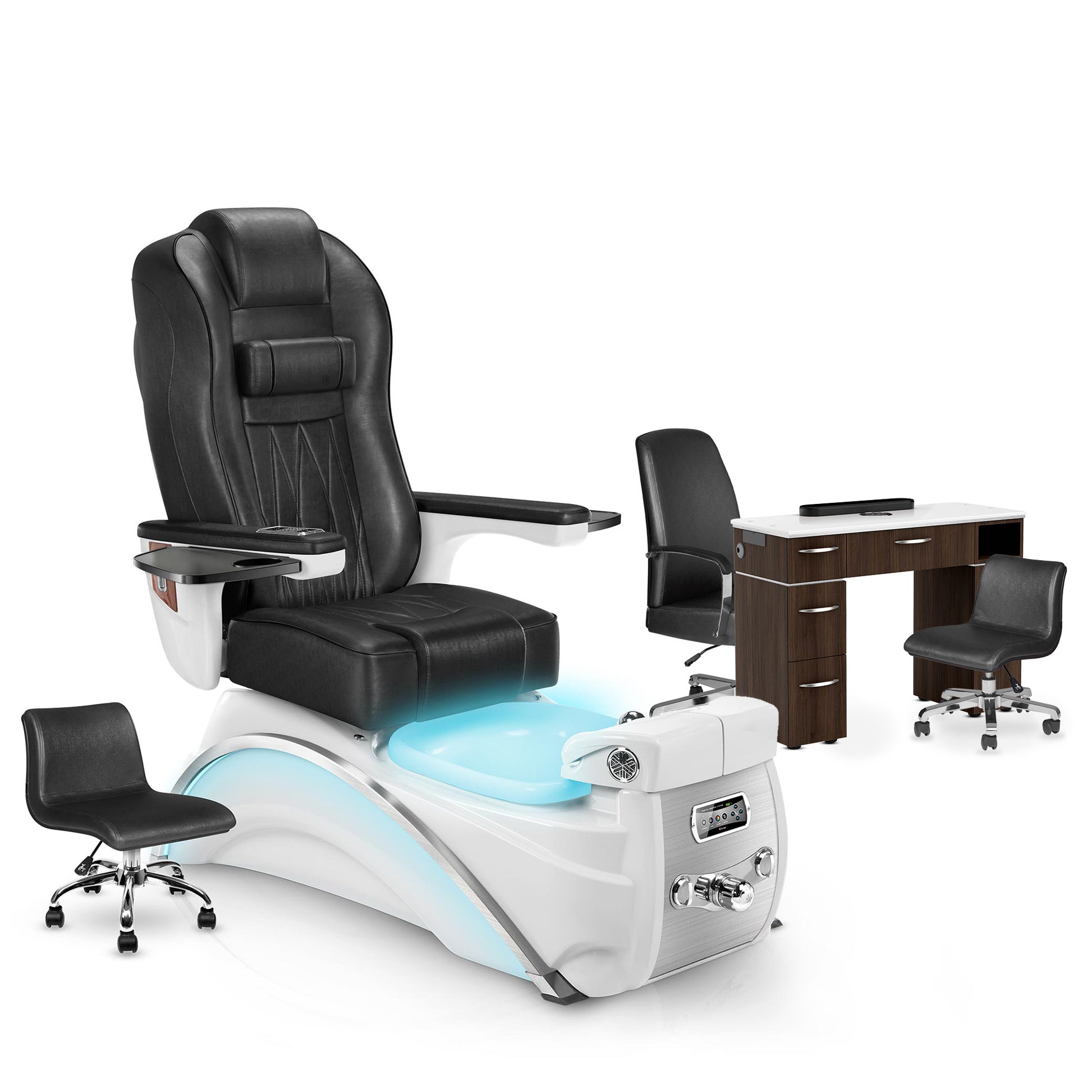 Noir-White Pearl-Dark Walnut Lexor Elite Pedicure Chair and Nail Table Set