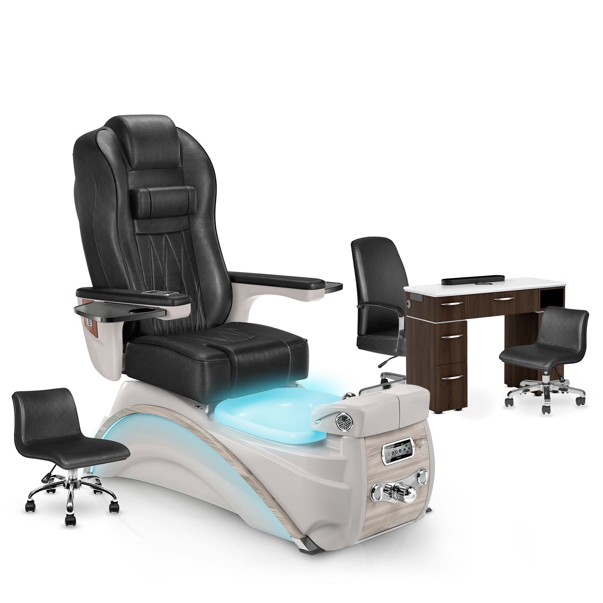 Noir-Sandstone-Dark Walnut Lexor Elite Pedicure Chair and Nail Table Set