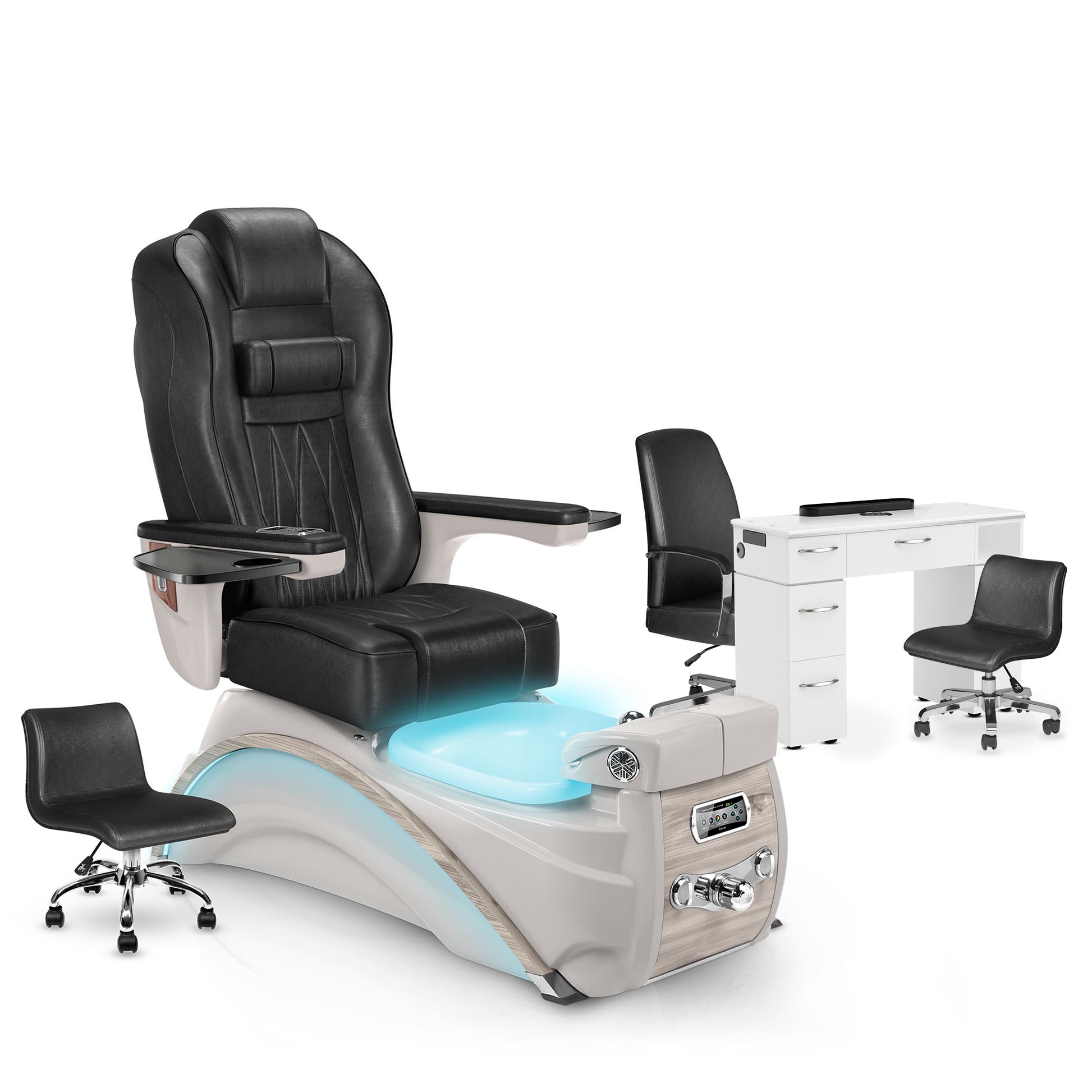 Noir-Sandstone-White Lexor Elite Pedicure Chair and Nail Table Set