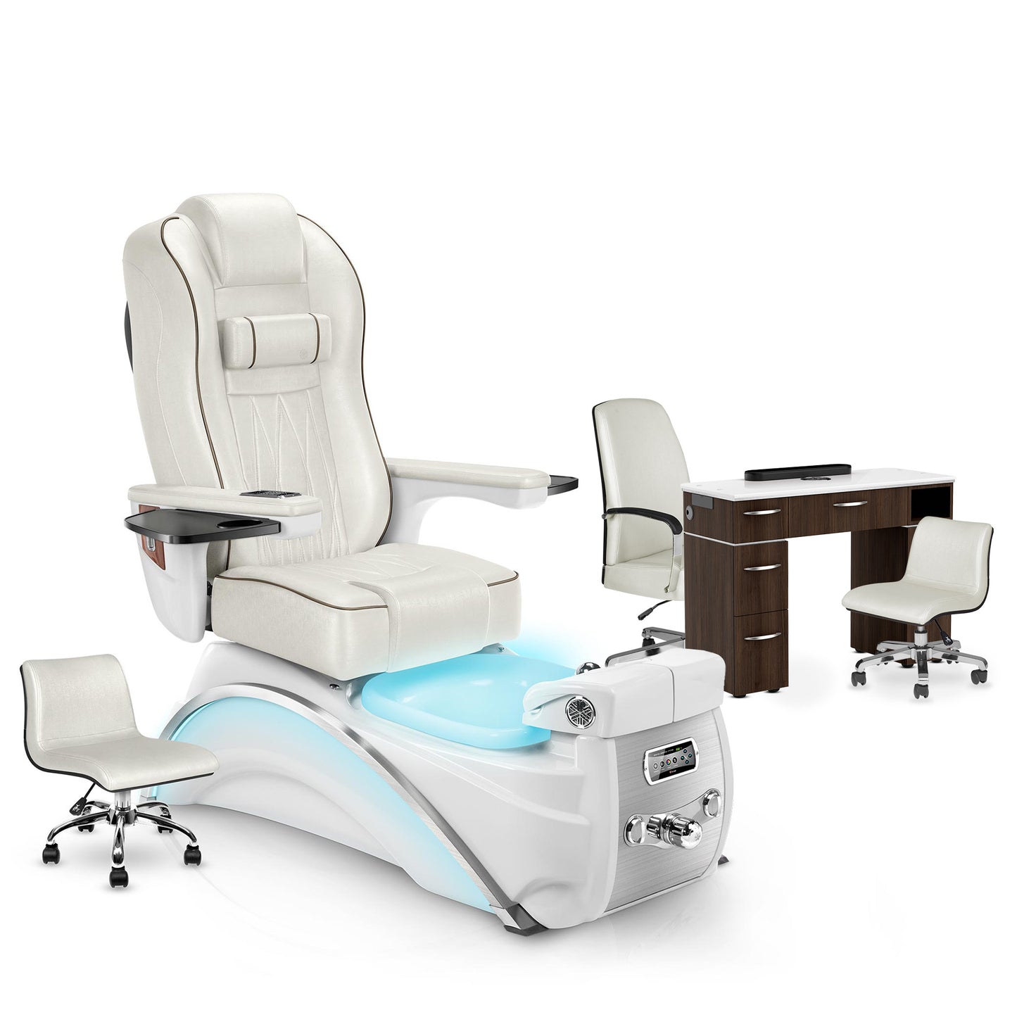 Opal-White Pearl-Dark Walnut Lexor Elite Pedicure Chair and Nail Table Set