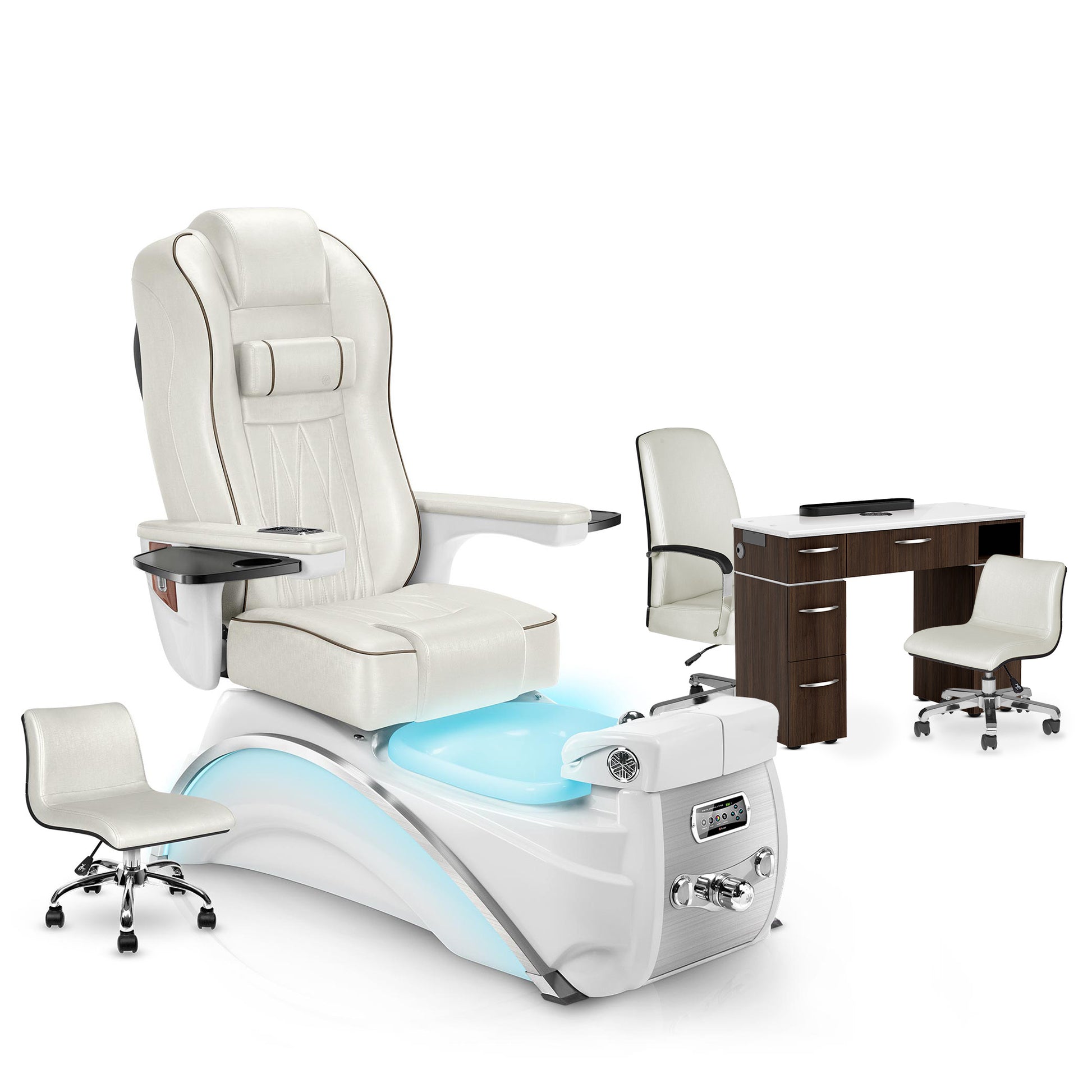 Opal-White Pearl-Dark Walnut Lexor Elite Pedicure Chair and Nail Table Set