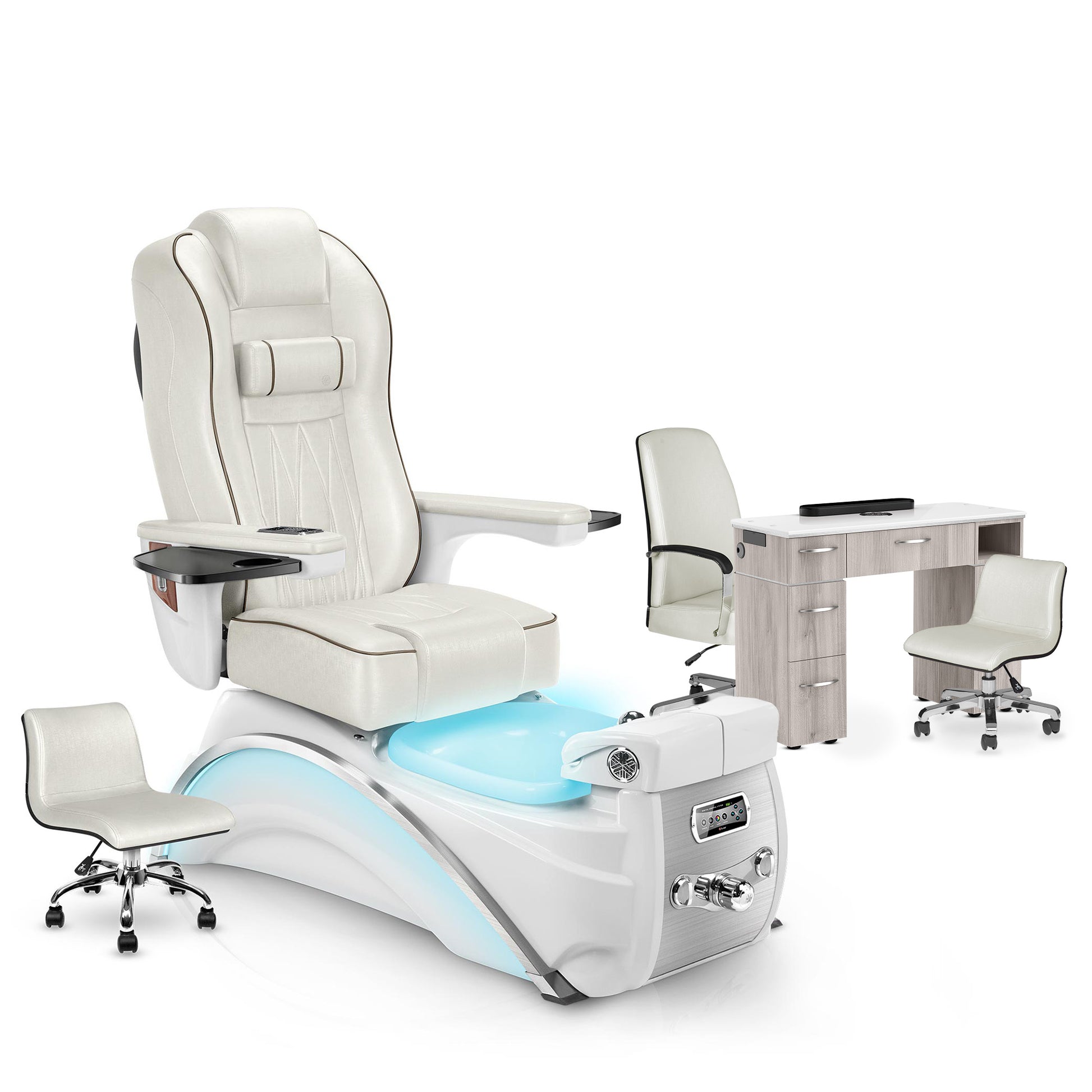 Opal-White Pearl-Hazel Lexor Elite Pedicure Chair and Nail Table Set