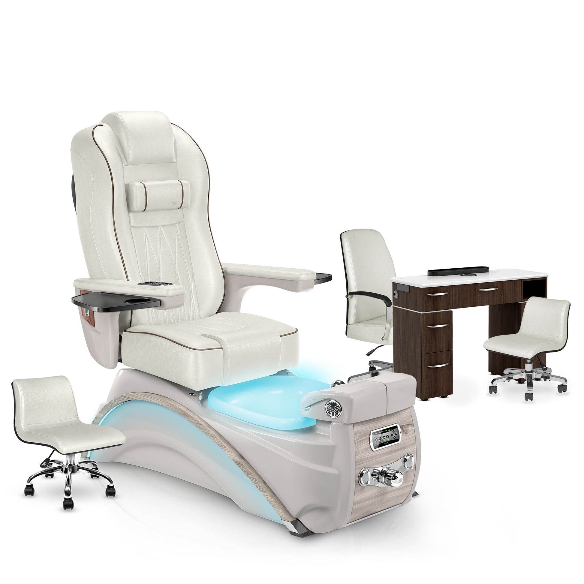 Opal-Sandstone-Dark Walnut Lexor Elite Pedicure Chair and Nail Table Set