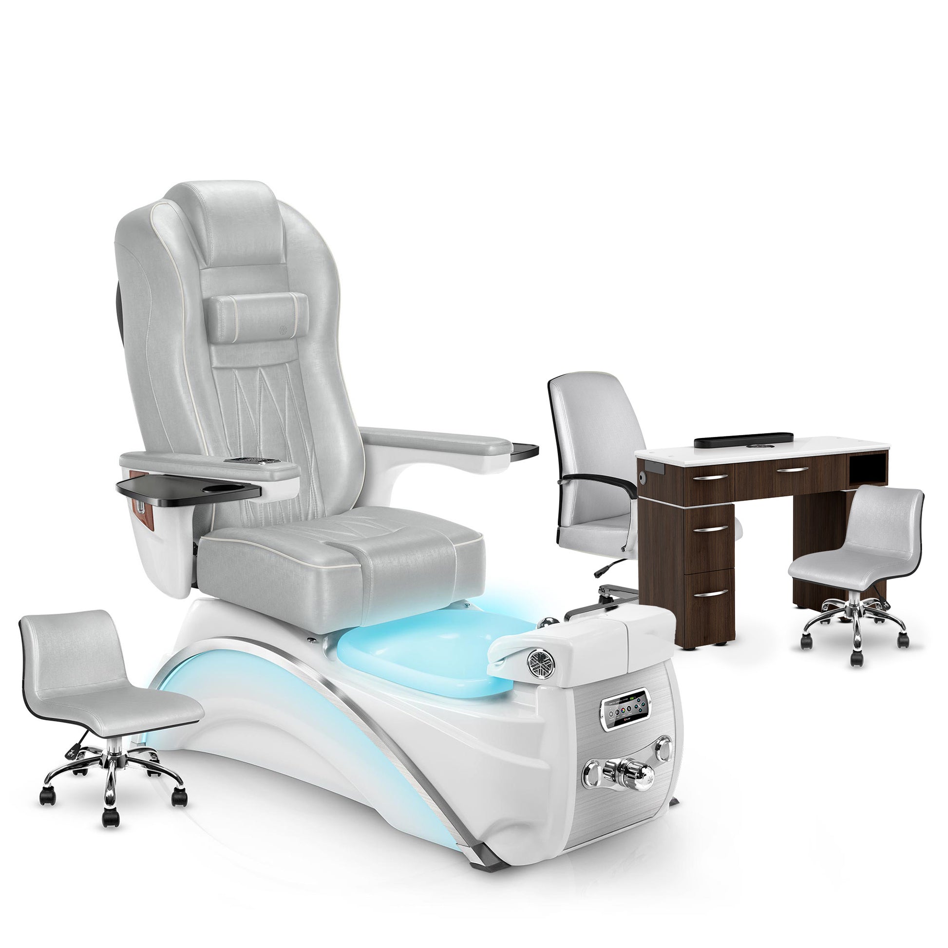 Platinum-White Pearl-Dark Walnut Lexor Elite Pedicure Chair and Nail Table Set