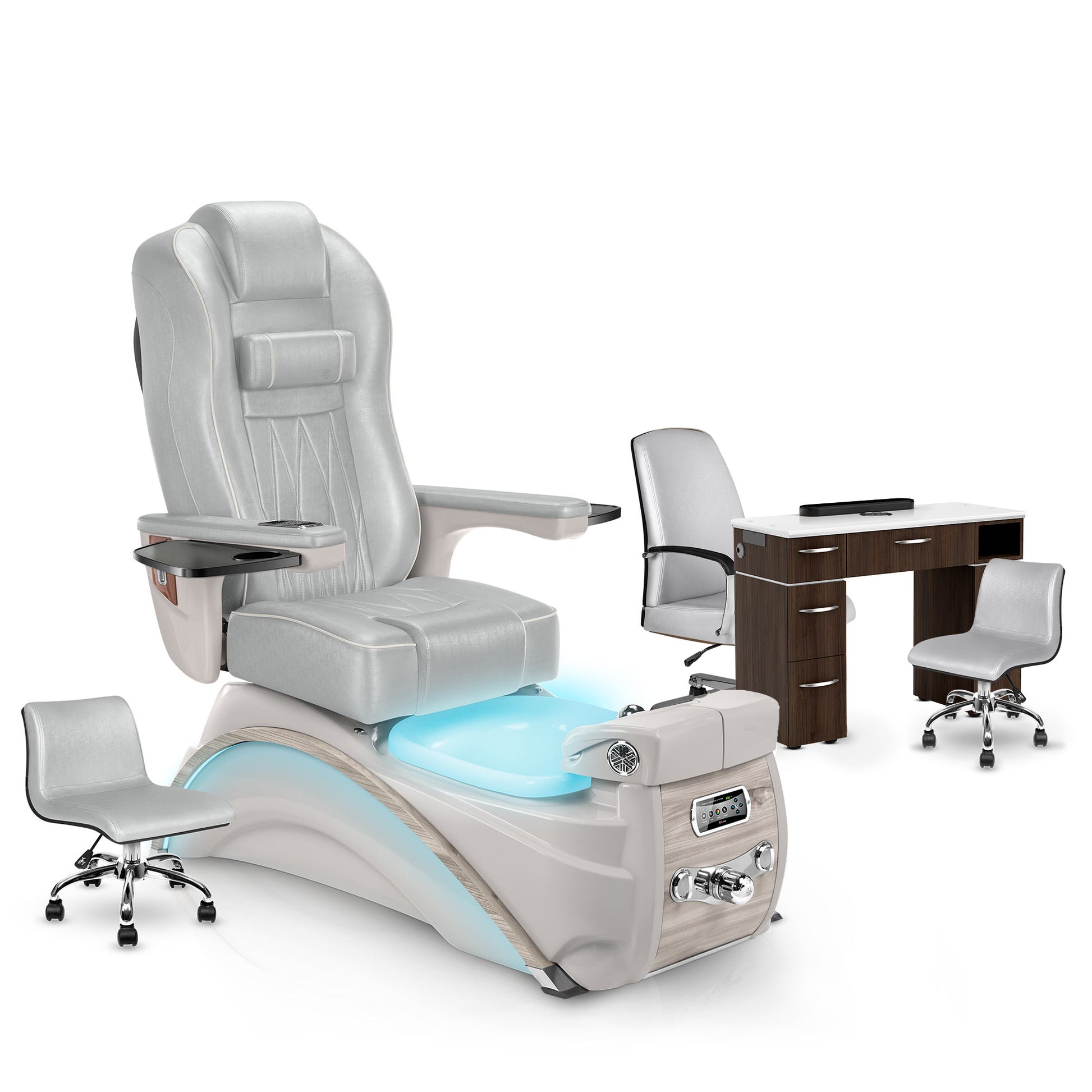 Platinum-Sandstone-Dark Walnut Lexor Elite Pedicure Chair and Nail Table Set