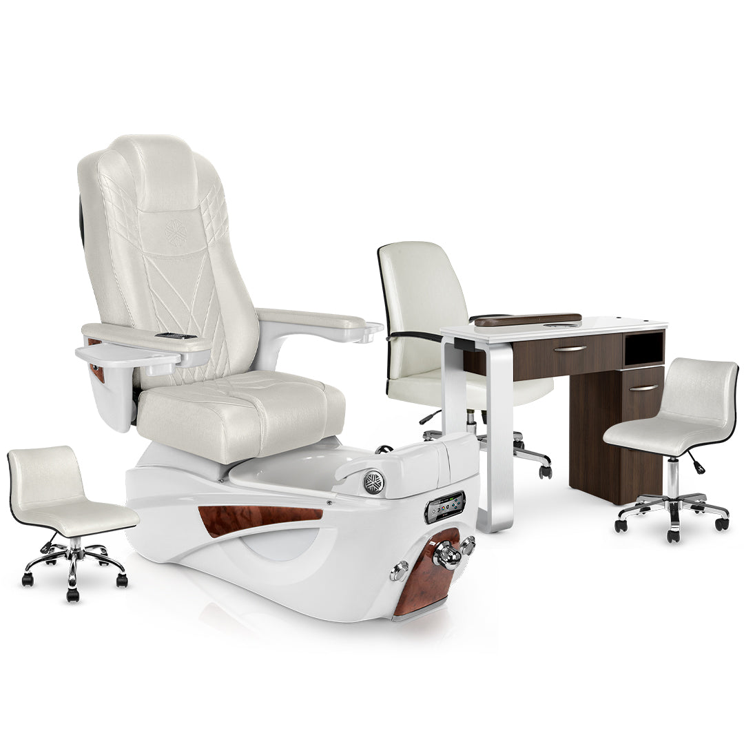 Opal-White Pearl-Dark Walnut Lexor Luminous Pedicure Chair and VM312 Nail Table Set
