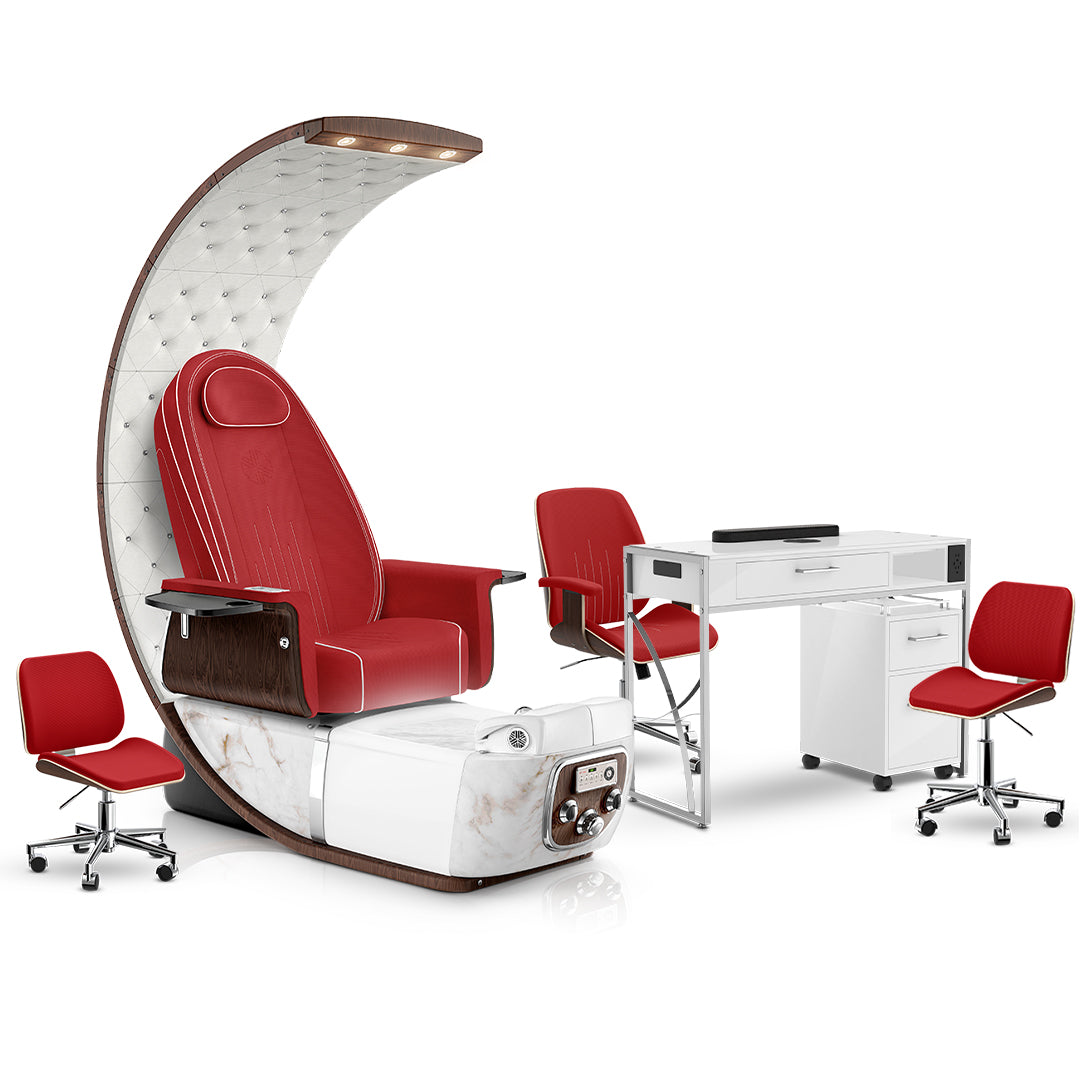 Scarlet-White Moonstone-White Lexor PRIVÉ Lounge Pedicure Chair and Matching PRIVÉ Nail Table Set