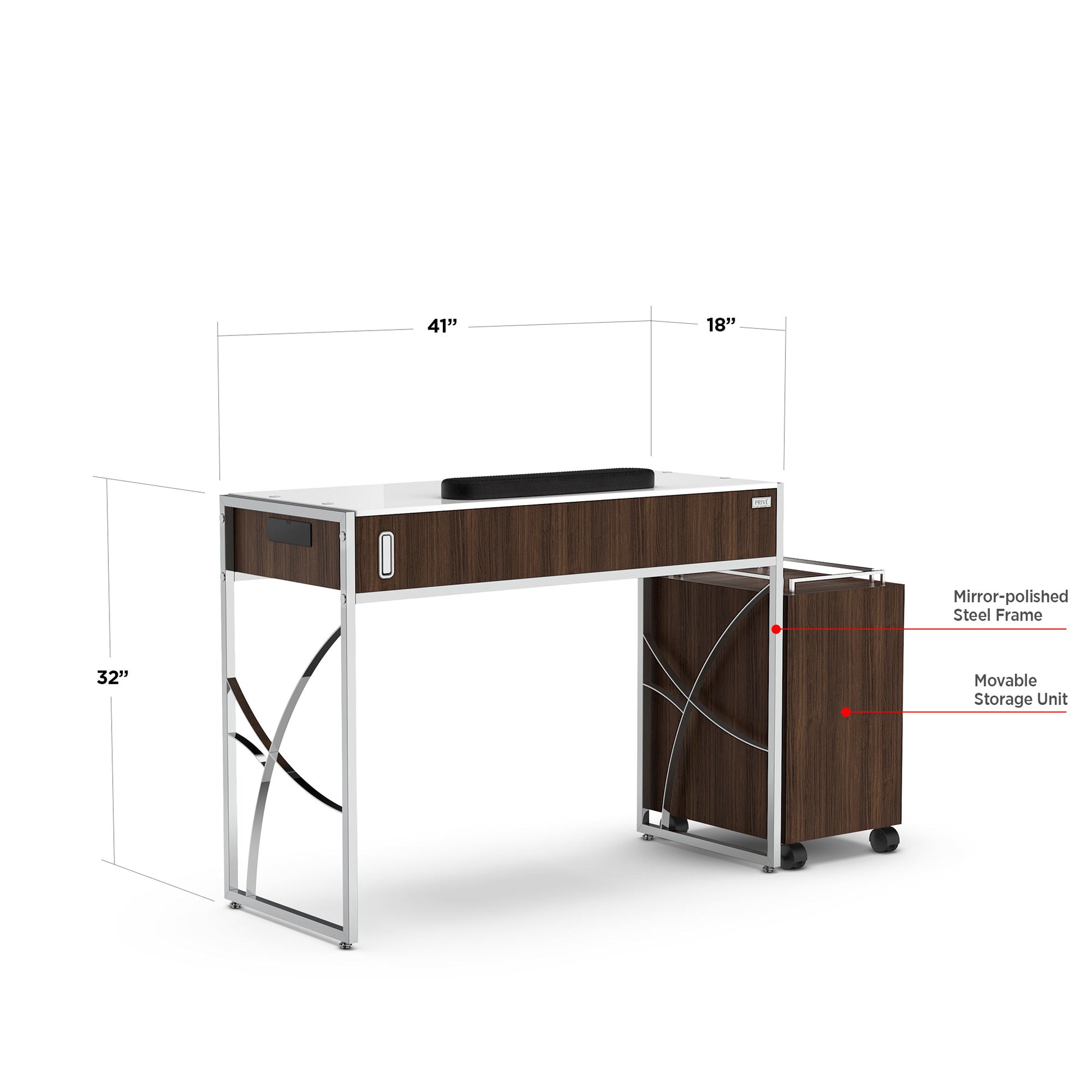 Dark Walnut Lexor PRIVÉ Manicure Nail Table, with Dimension