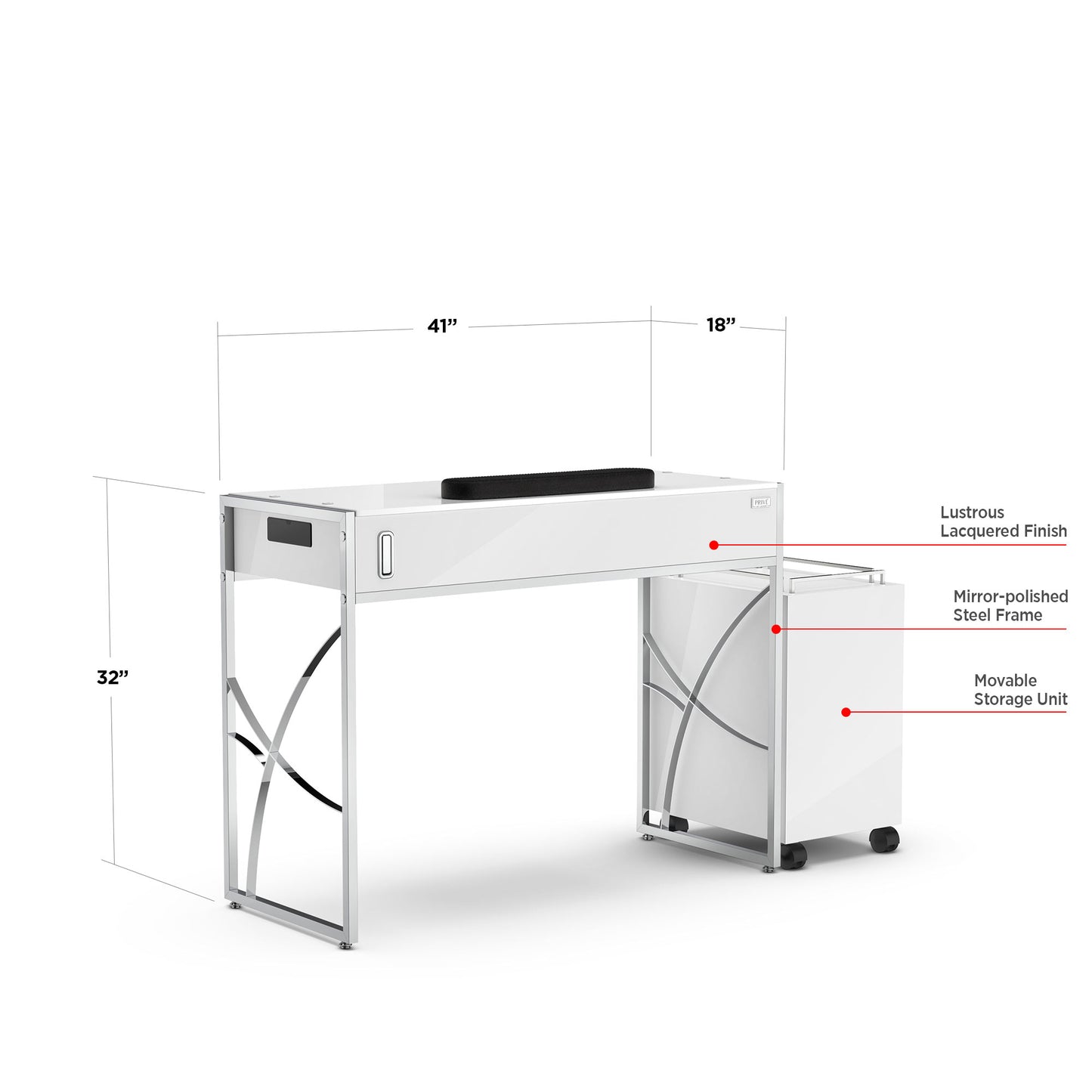 White Lexor PRIVÉ Manicure Nail Table, with Dimension