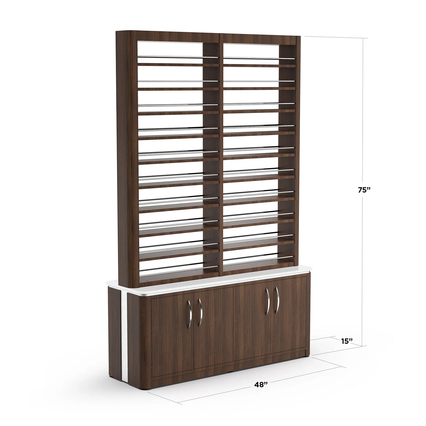 Dark Walnut Lexor VM840 Double Nail Polish Rack with Storage, with Dimensions