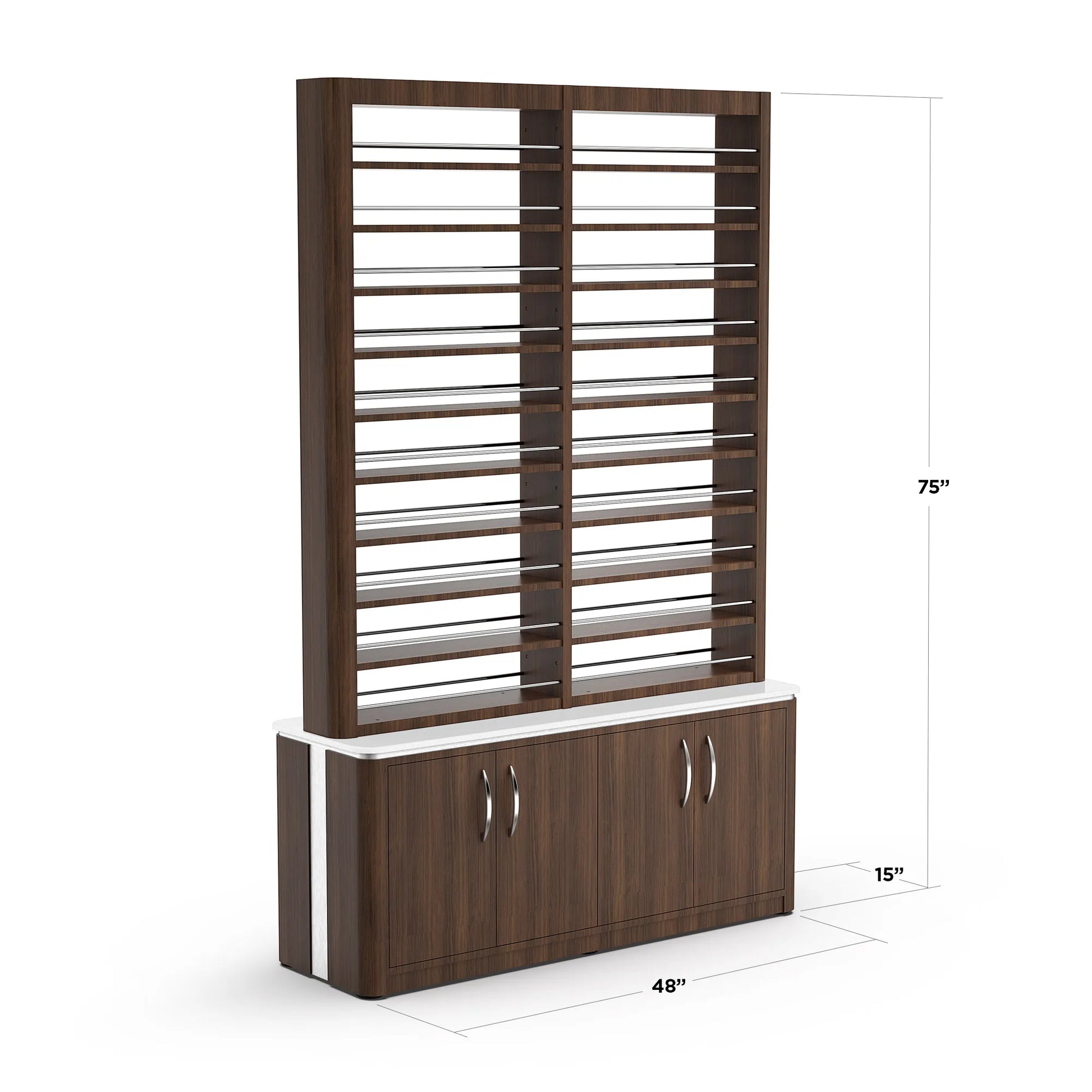 Dark Walnut Lexor VM840 Double Nail Polish Rack with Storage, with Dimensions