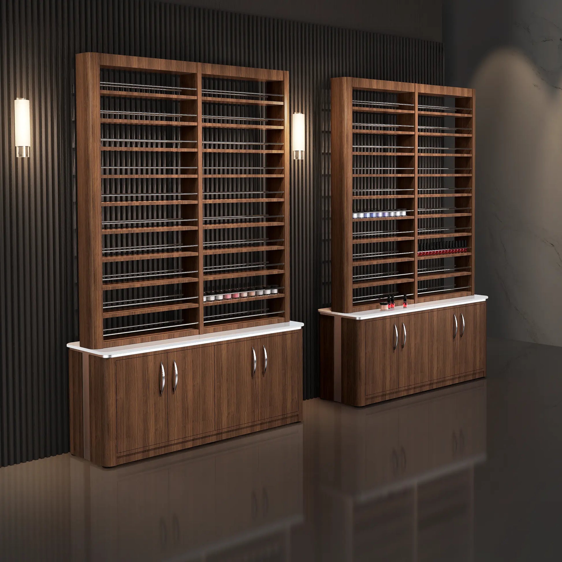 Dark Walnut Lexor VM840 Double Nail Polish Rack with Storage, with Enviroment