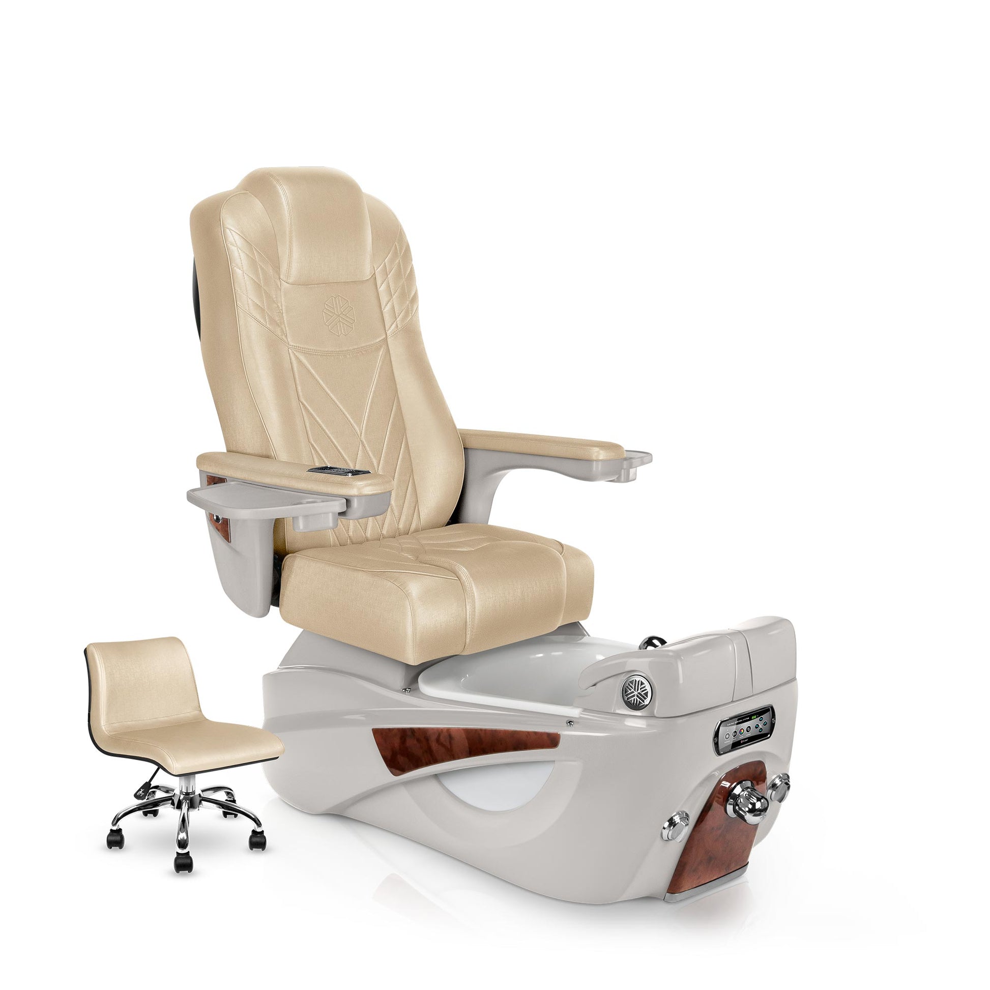 Lexor LUMINOUS pedicure chair with glazed gold cushion and sandstone spa base