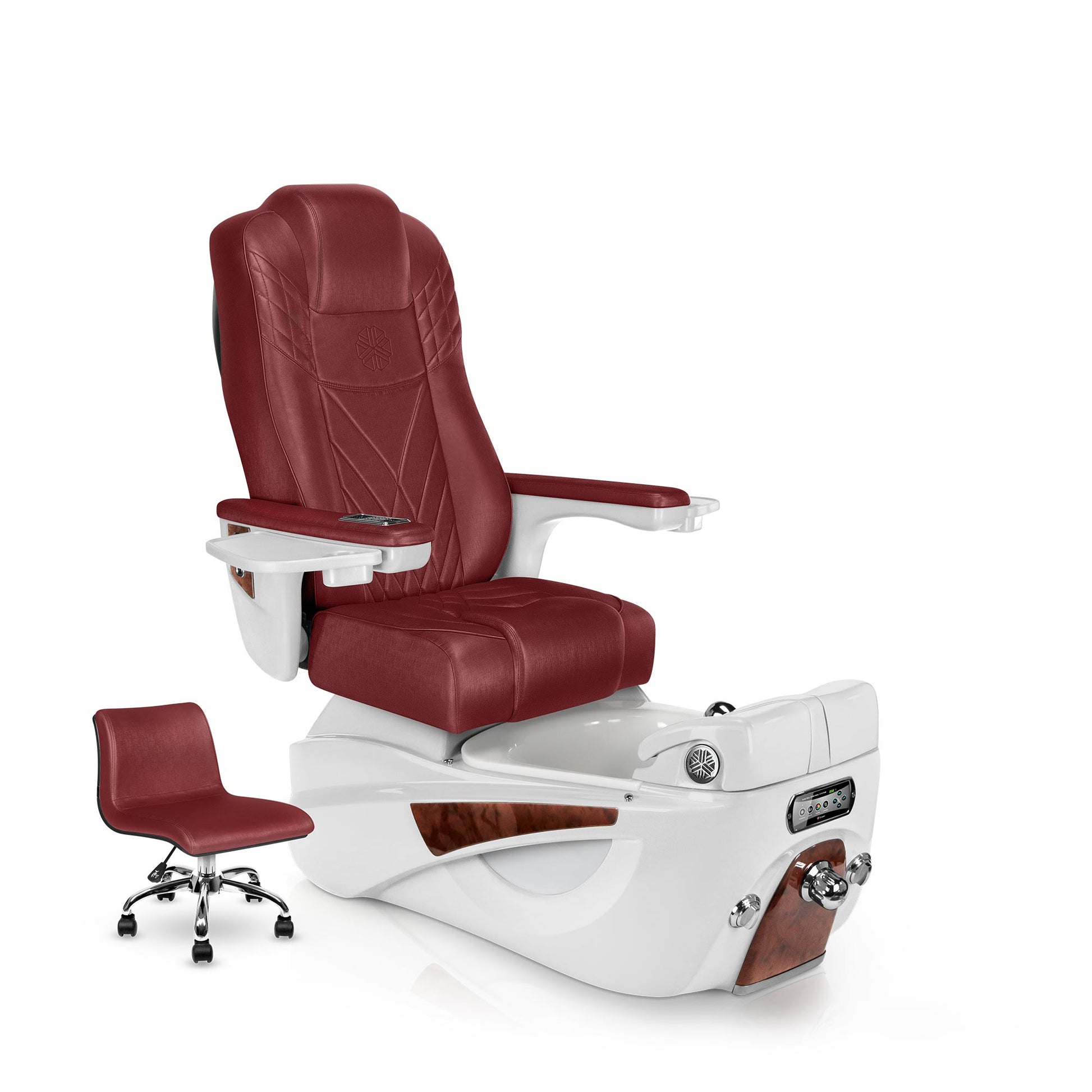 Lexor LUMINOUS pedicure chair with ruby cushion and white pearl spa base