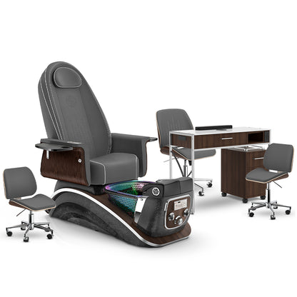 Graphite-Black Moonstone-Dark Walnut Lexor Mystique Pedicure Chair and Matching Nail Table Set