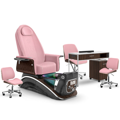 Ice Pink-Black Moonstone-Dark Walnut Lexor Mystique Pedicure Chair and Matching Nail Table Set