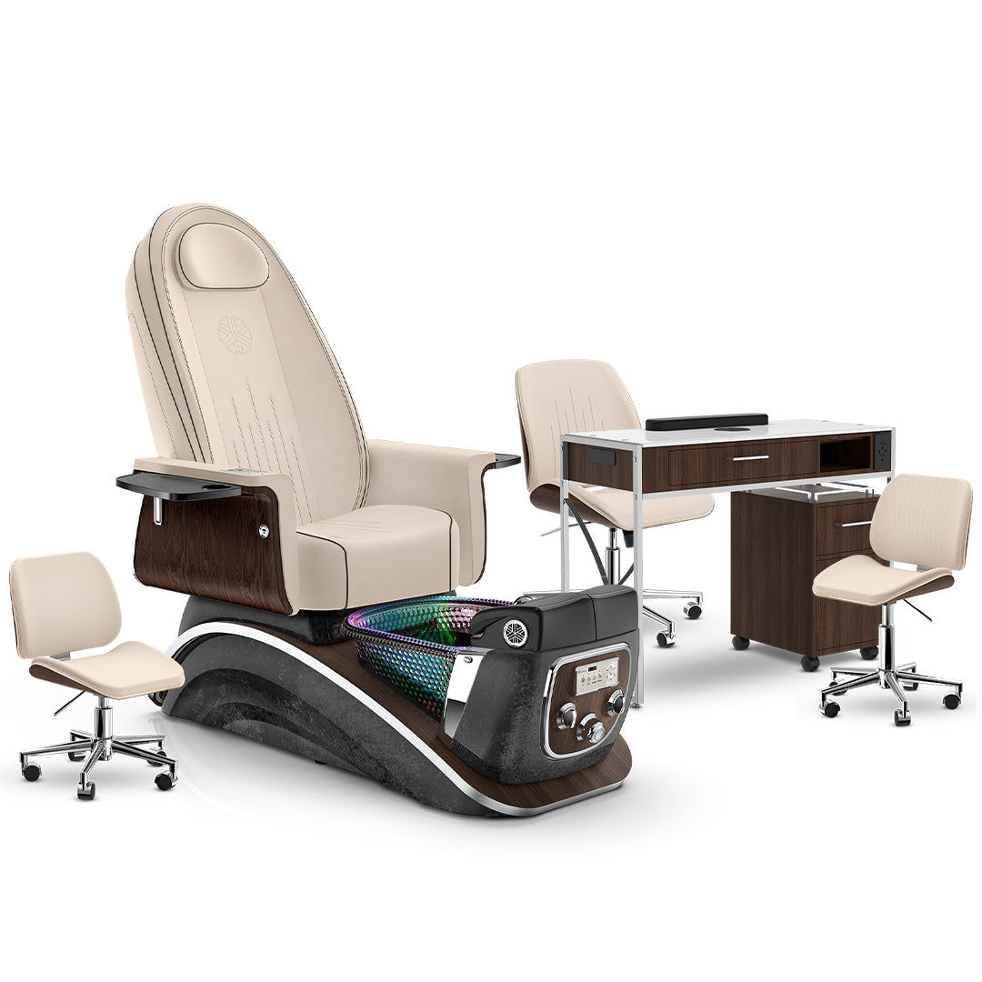 Ivory-Black Moonstone-Dark Walnut Lexor Mystique Pedicure Chair and Matching Nail Table Set