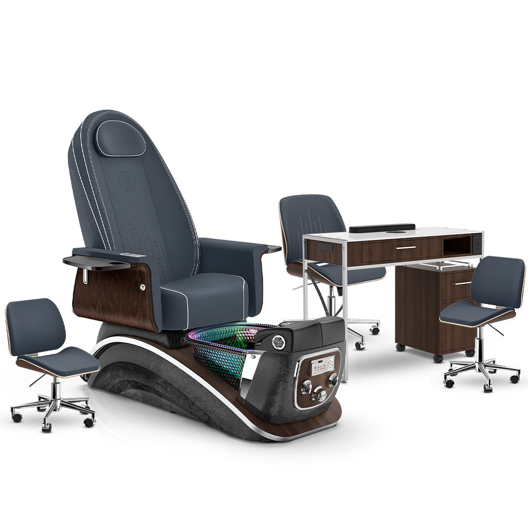 Midnight-Black Moonstone-Dark Walnut Lexor Mystique Pedicure Chair and Matching Nail Table Set