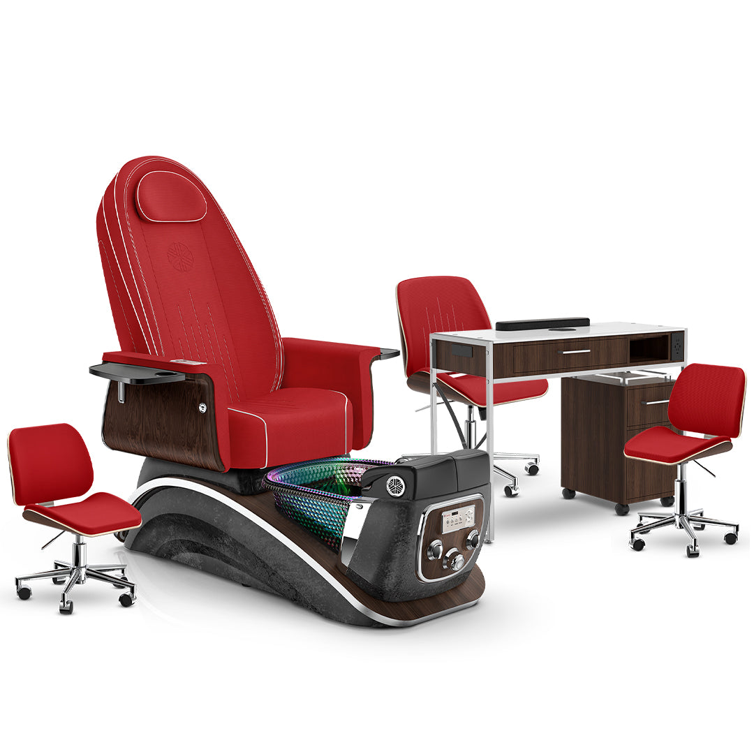 Scarlet-Black Moonstone-Dark Walnut Lexor Mystique Pedicure Chair and Matching Nail Table Set