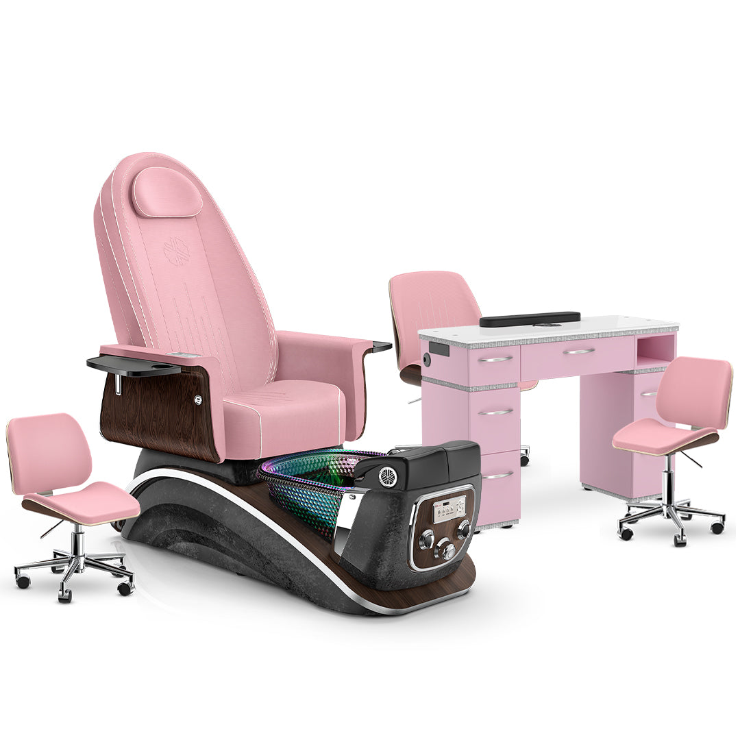 Ice Pink-Black Moonstone-Pink Lexor Mystique Pedicure Chair and Matching Nail Table Set