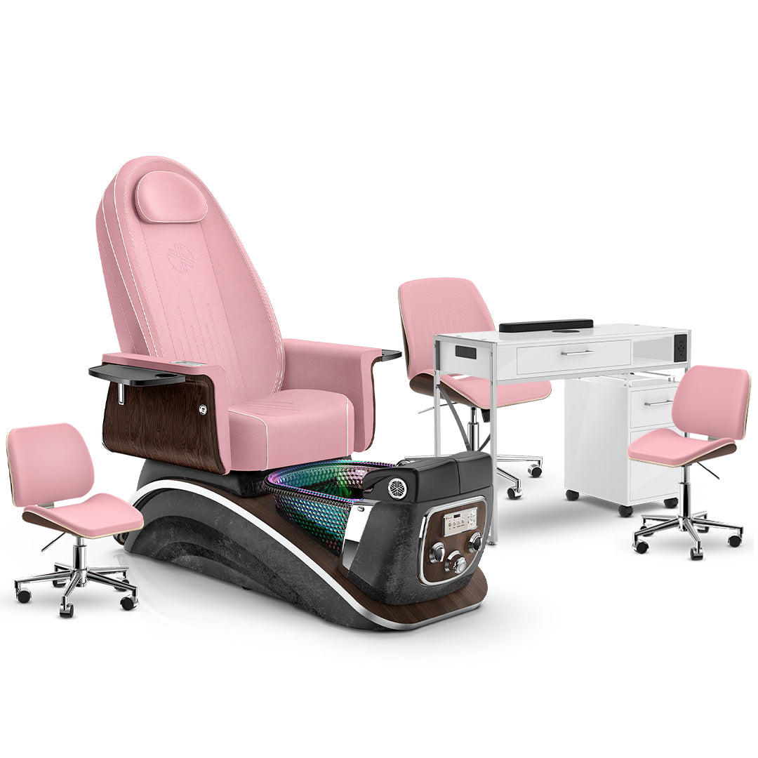 Ice Pink-Black Moonstone-White Lexor Mystique Pedicure Chair and Matching Nail Table Set