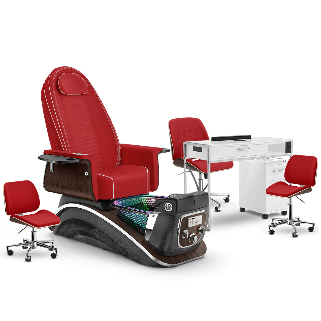 Scarlet-Black Moonstone-White Lexor Mystique Pedicure Chair and Matching Nail Table Set