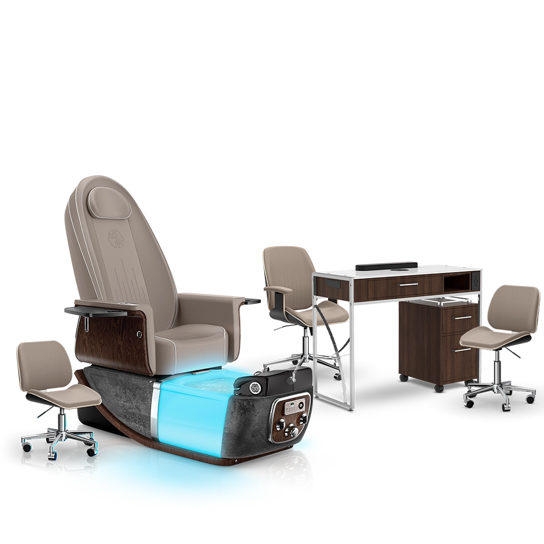 Claystone-Black Moonstone-Dark Walnut Lexor PRIVÉ ONE Pedicure Chair and Matching PRIVÉ Nail Table Set
