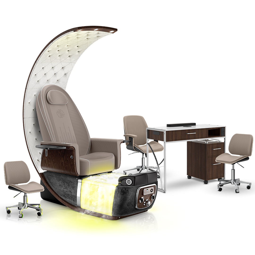 Claystone-Black Moonstone-Dark Walnut Lexor PRIVÉ Lounge Pedicure Chair  with Thera-Mist and Matching PRIVÉ Nail Table Set