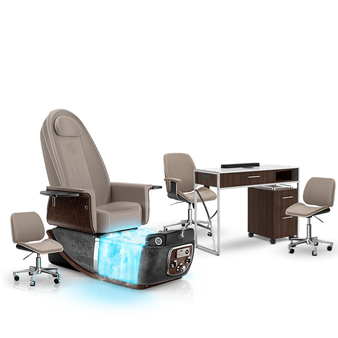 Claystone-Black Moonstone-Dark Walnut Lexor PRIVÉ ONE Pedicure Chair with Thera-Mist  and Matching PRIVÉ Nail Table Set 