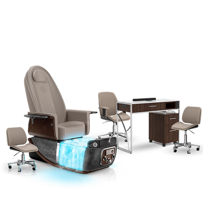 Claystone-Black Moonstone-Dark Walnut Lexor PRIVÉ ONE Pedicure Chair with Thera-Mist  and Matching PRIVÉ Nail Table Set 