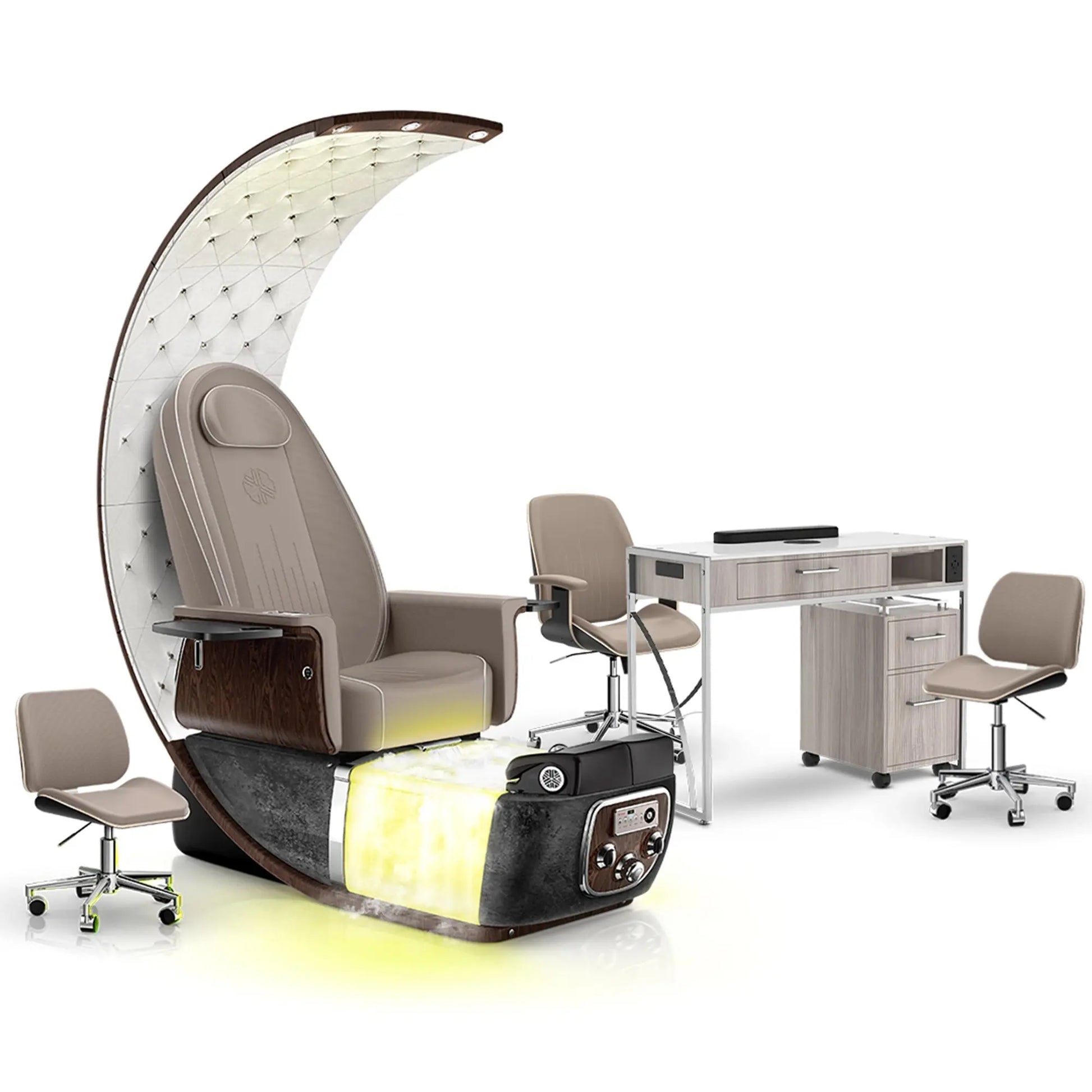 Claystone-Black Moonstone-Hazel Lexor PRIVÉ Lounge Pedicure Chair with Thera-Mist and Matching PRIVÉ Nail Table Set