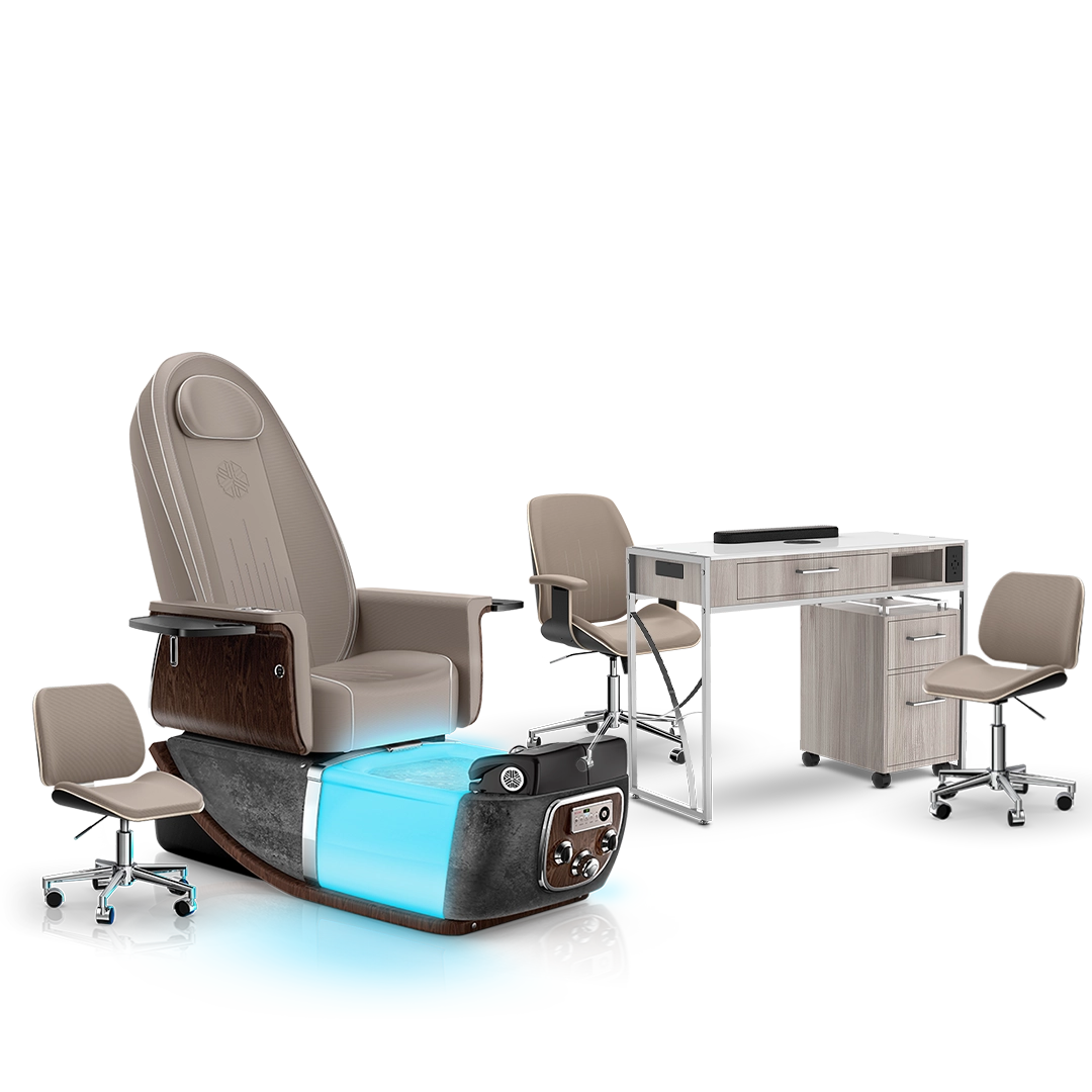Claystone-Black Moonstone-Hazel Lexor PRIVÉ ONE Pedicure Chair and Matching PRIVÉ Nail Table Set