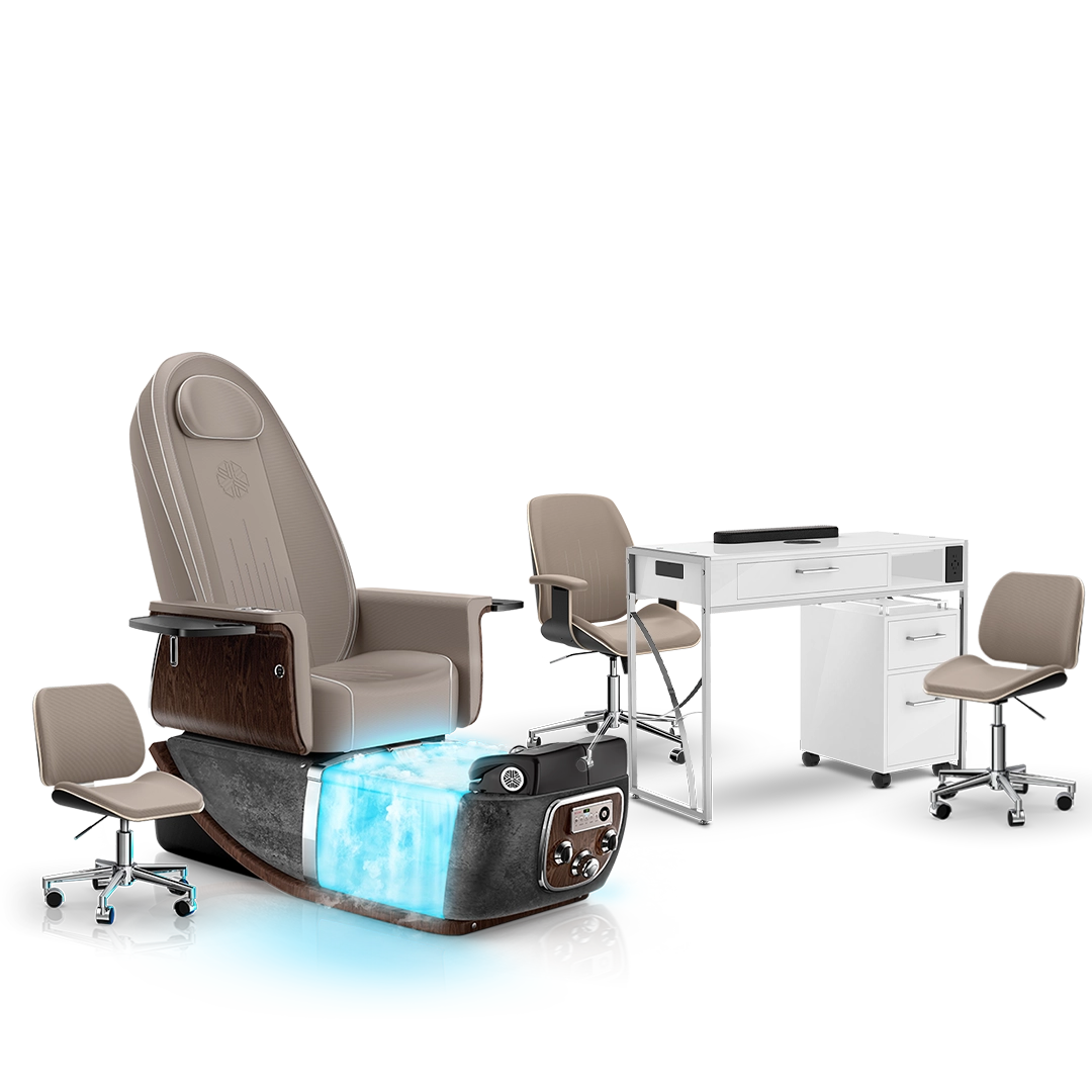 Claystone-Black Moonstone-White Lexor PRIVÉ ONE Pedicure Chair with Thera-Mist  and Matching PRIVÉ Nail Table Set 