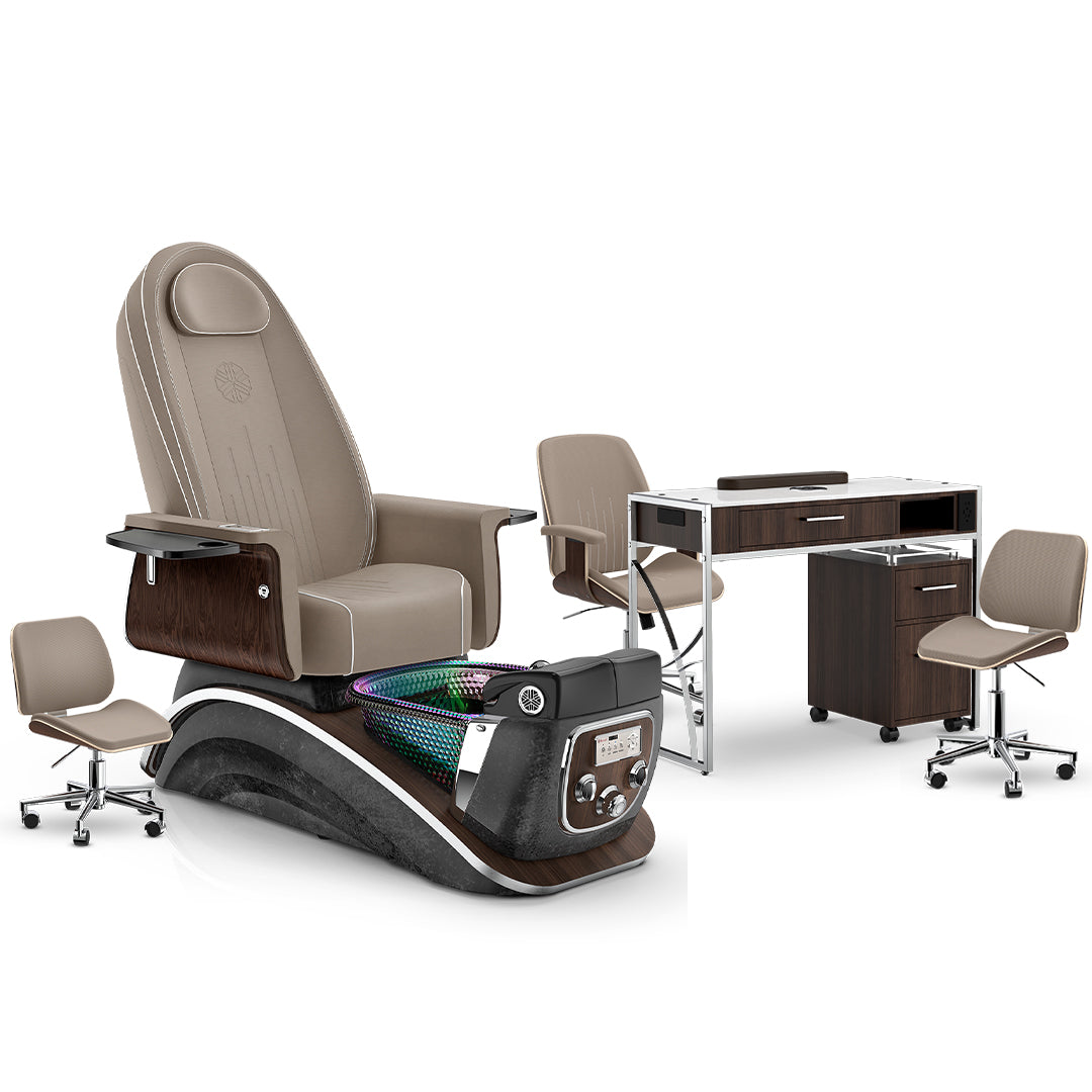 Claystone-Black Moonstone-Dark Walnut Lexor Mystique Pedicure Chair and Matching Nail Table Set