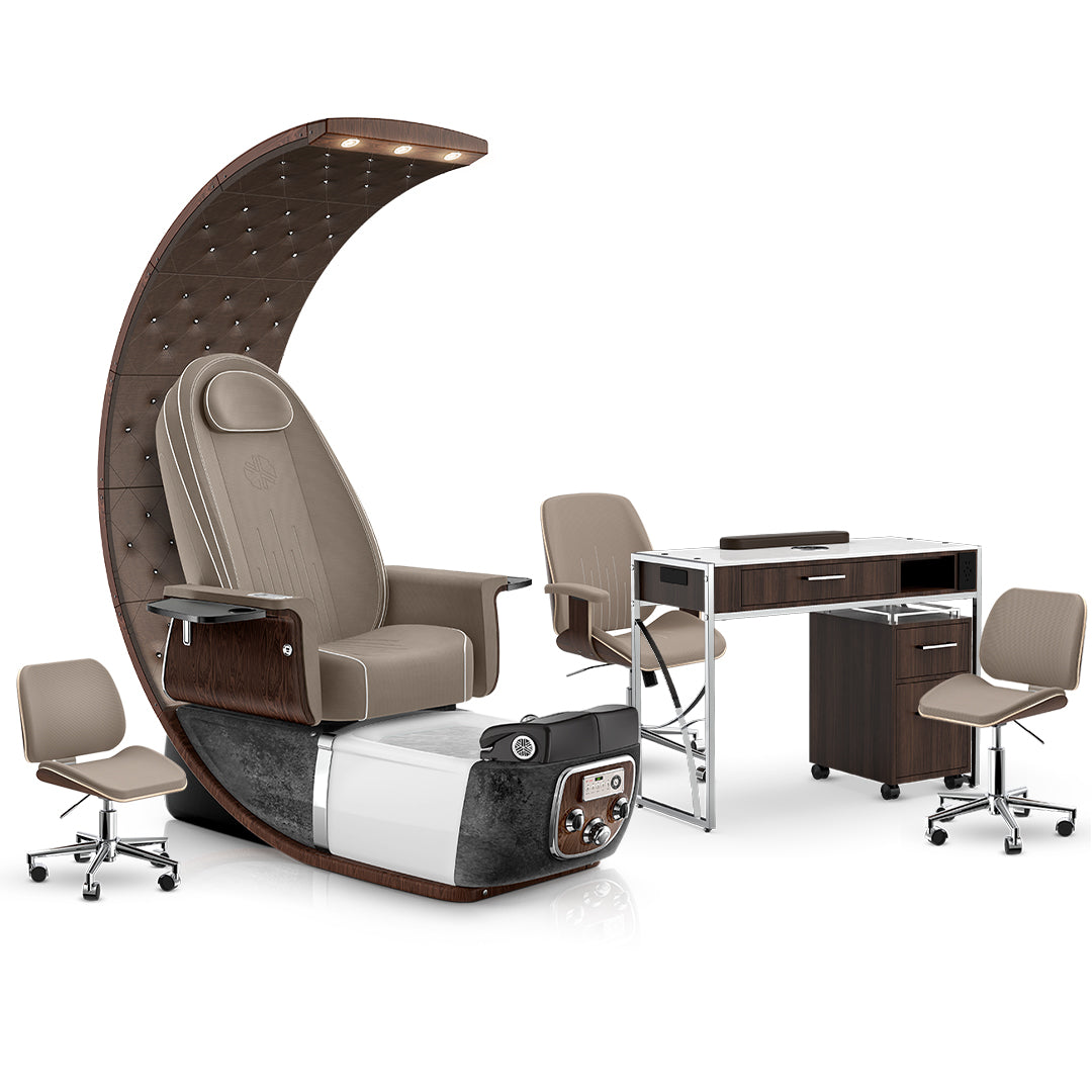 Claystone-Black Moonstone-Dark Walnut Lexor PRIVÉ Lounge Pedicure Chair and Matching PRIVÉ Nail Table Set