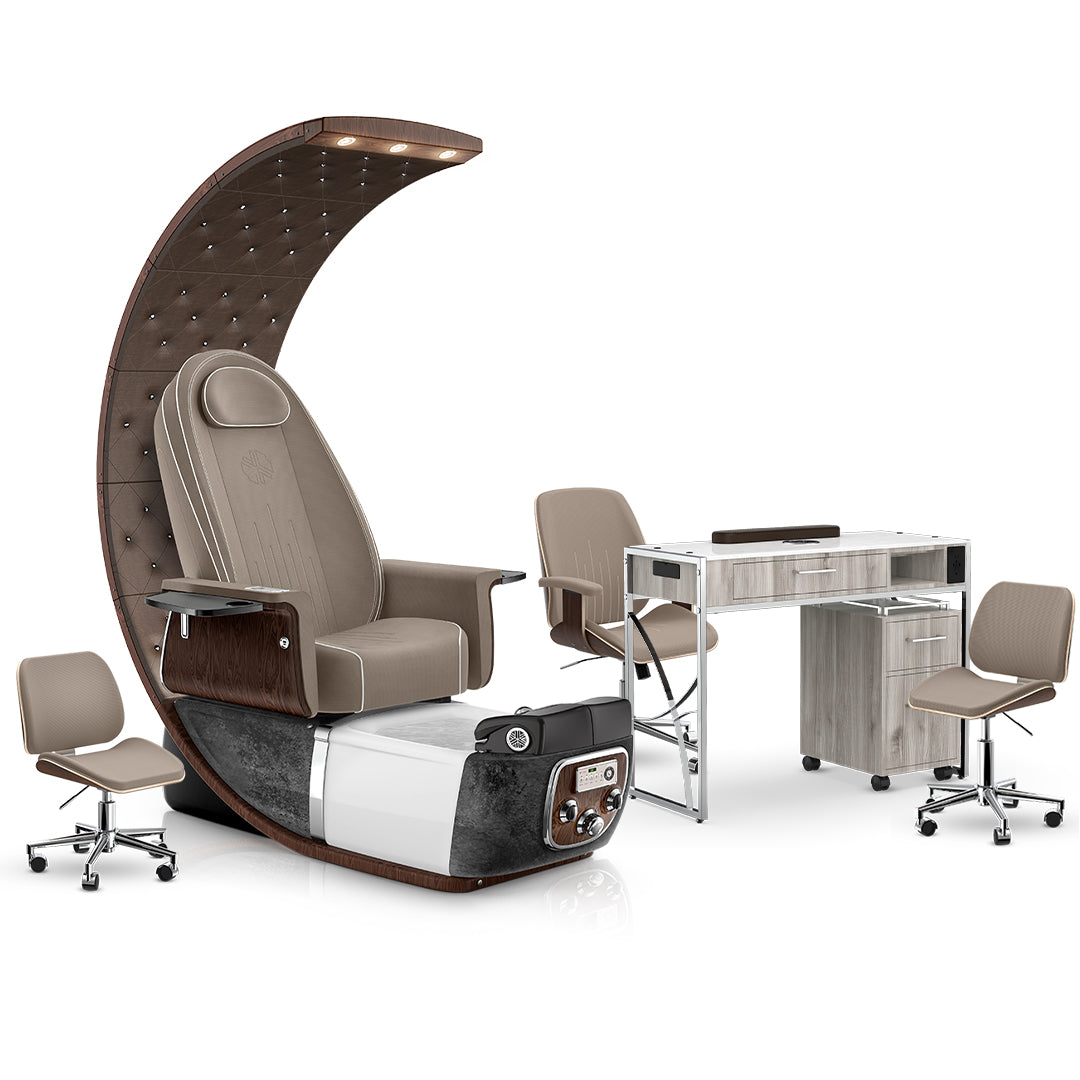 Claystone-Black Moonstone-Hazel Lexor PRIVÉ Lounge Pedicure Chair and Matching PRIVÉ Nail Table Set