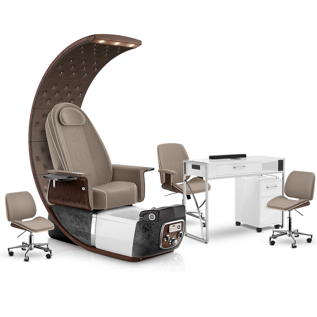 Claystone-Black Moonstone-White Lexor PRIVÉ Lounge Pedicure Chair and Matching PRIVÉ Nail Table Set