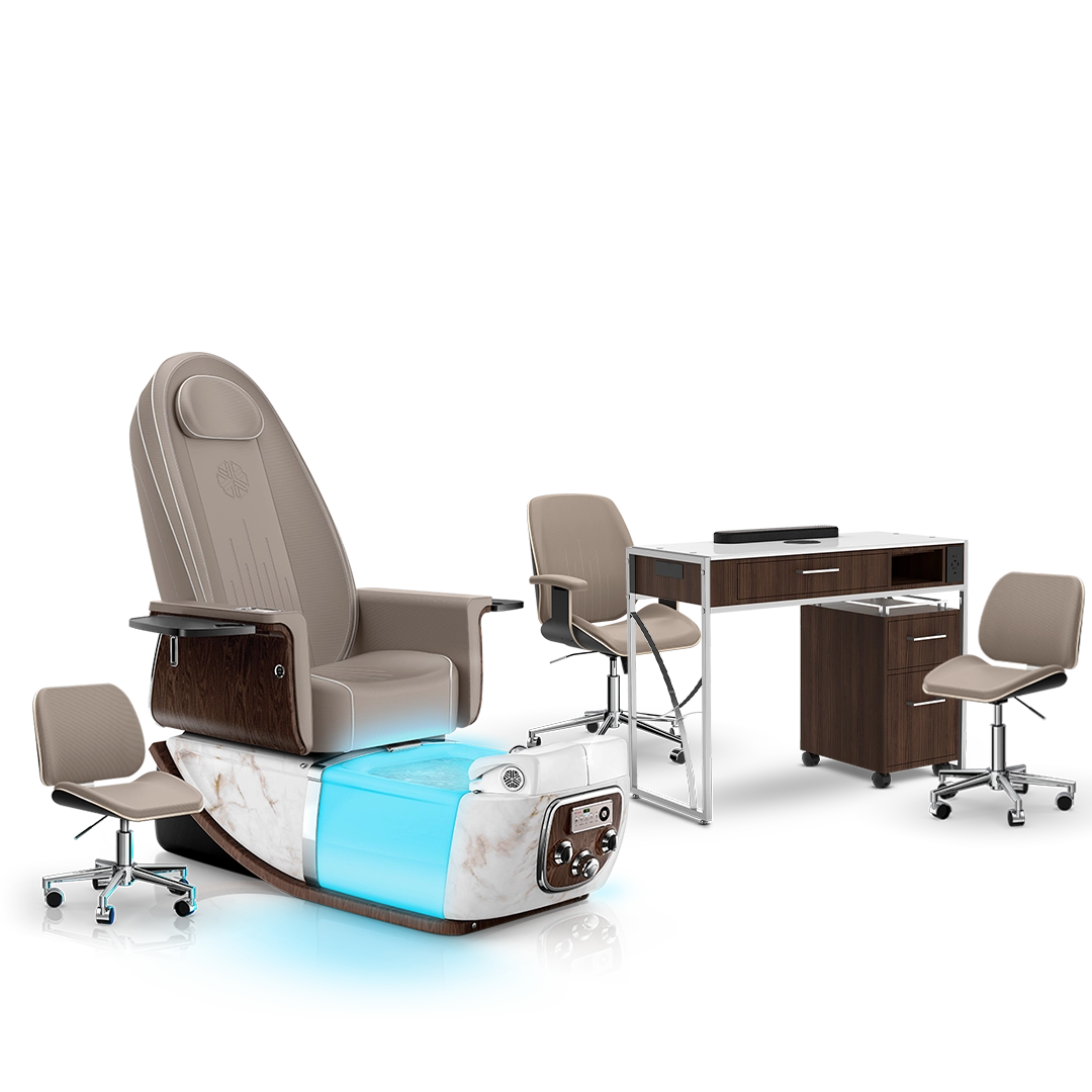 Claystone-White Moonstone-Dark Walnut Lexor PRIVÉ ONE Pedicure Chair and Matching PRIVÉ Nail Table Set