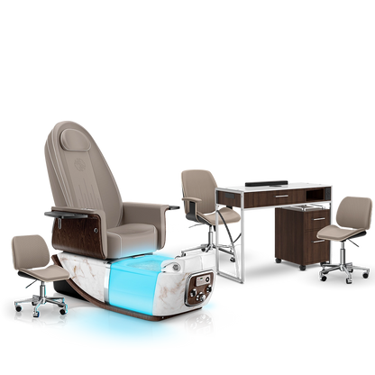 Claystone-White Moonstone-Dark Walnut Lexor PRIVÉ ONE Pedicure Chair and Matching PRIVÉ Nail Table Set