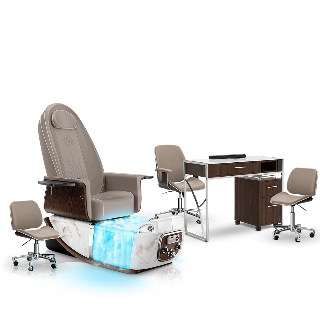Claystone-White Moonstone-Dark Walnut Lexor PRIVÉ ONE Pedicure Chair with Thera-Mist  and Matching PRIVÉ Nail Table Set 