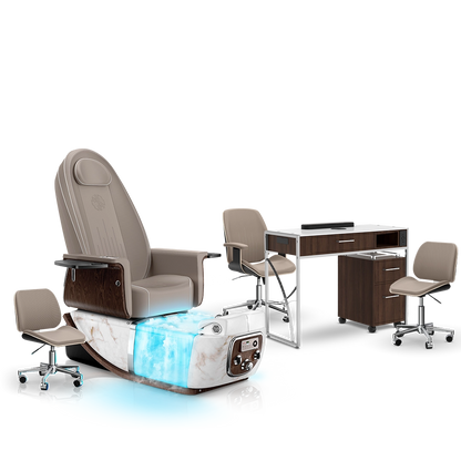Claystone-White Moonstone-Dark Walnut Lexor PRIVÉ ONE Pedicure Chair with Thera-Mist  and Matching PRIVÉ Nail Table Set 