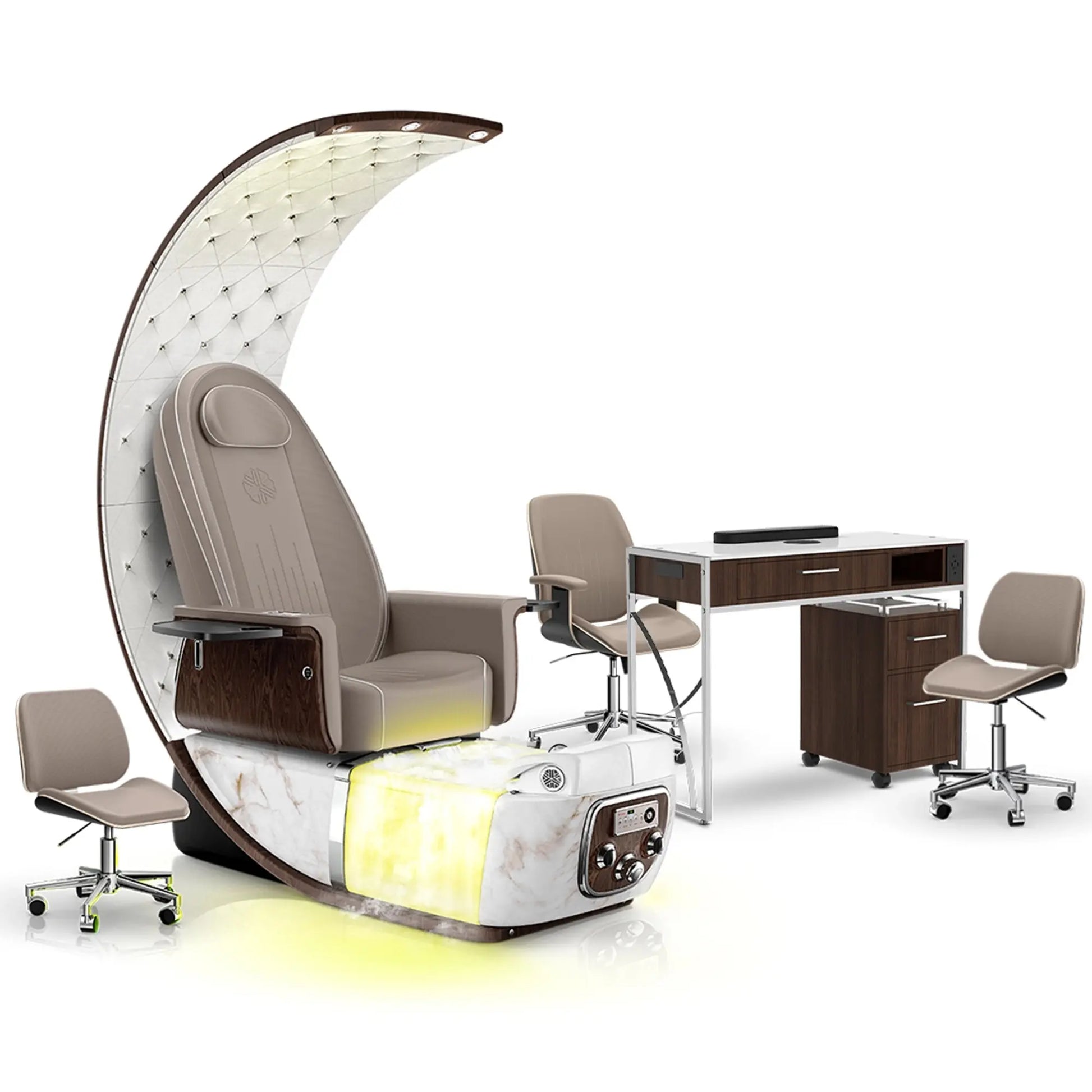 Claystone-White Moonstone-Dark Walnut Lexor PRIVÉ Lounge Pedicure Chair with Thera-Mist and Matching PRIVÉ Nail Table Set