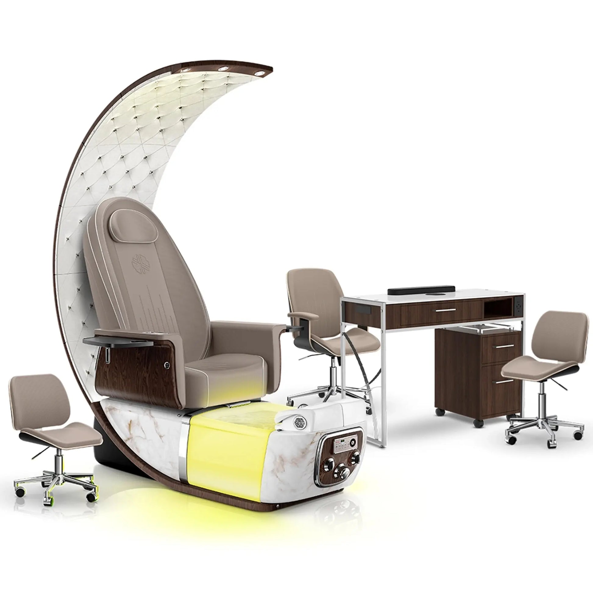 Claystone-White Moonstone-Dark Walnut Lexor PRIVÉ Lounge Pedicure Chair and Matching PRIVÉ Nail Table Set