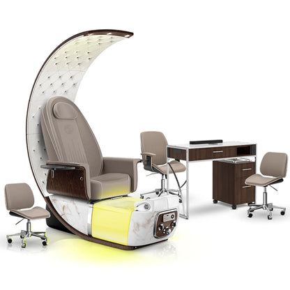 Claystone-White Moonstone-Dark Walnut Lexor PRIVÉ Lounge Pedicure Chair and Matching PRIVÉ Nail Table Set