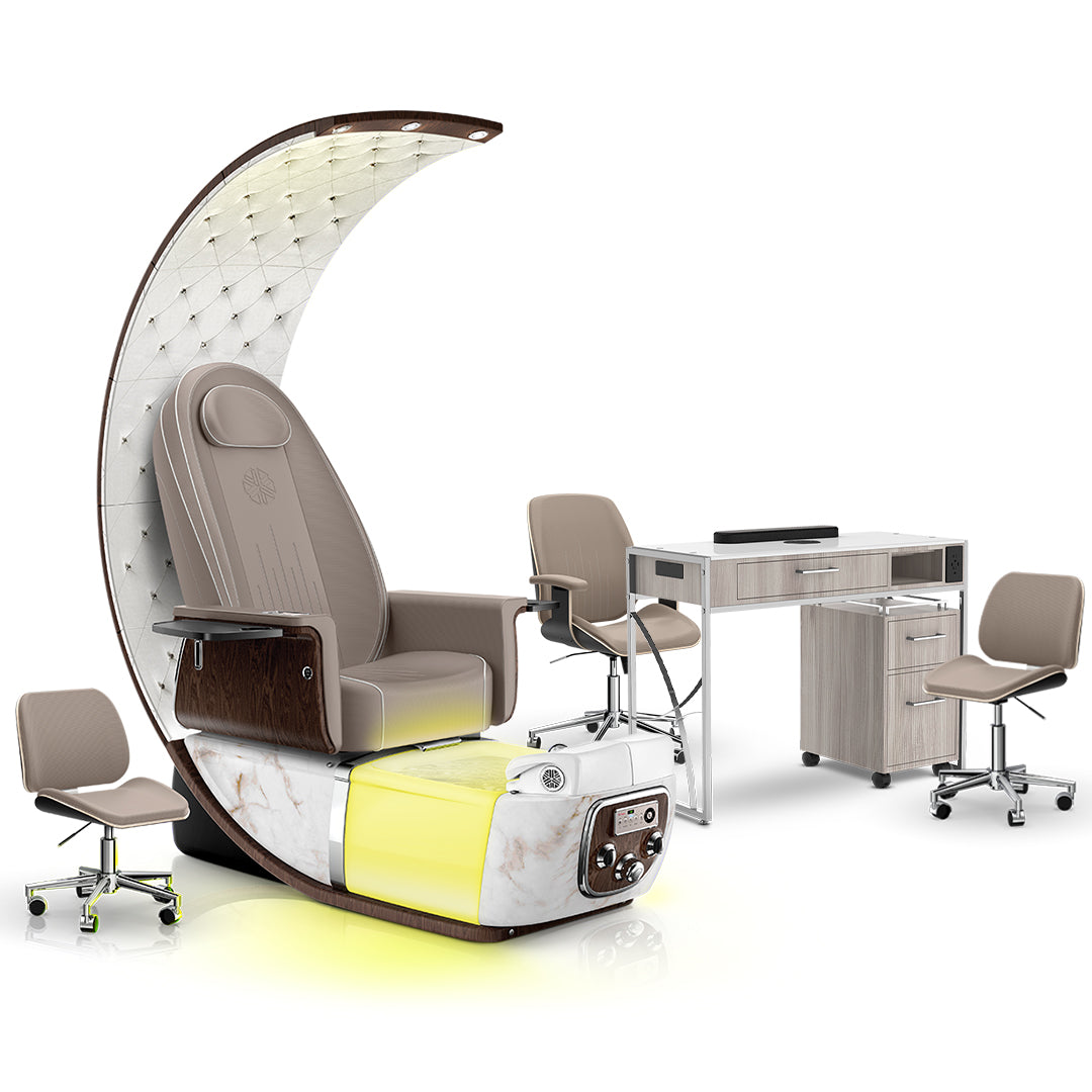 Claystone-White Moonstone-Hazel Lexor PRIVÉ Lounge Pedicure Chair and Matching PRIVÉ Nail Table Set