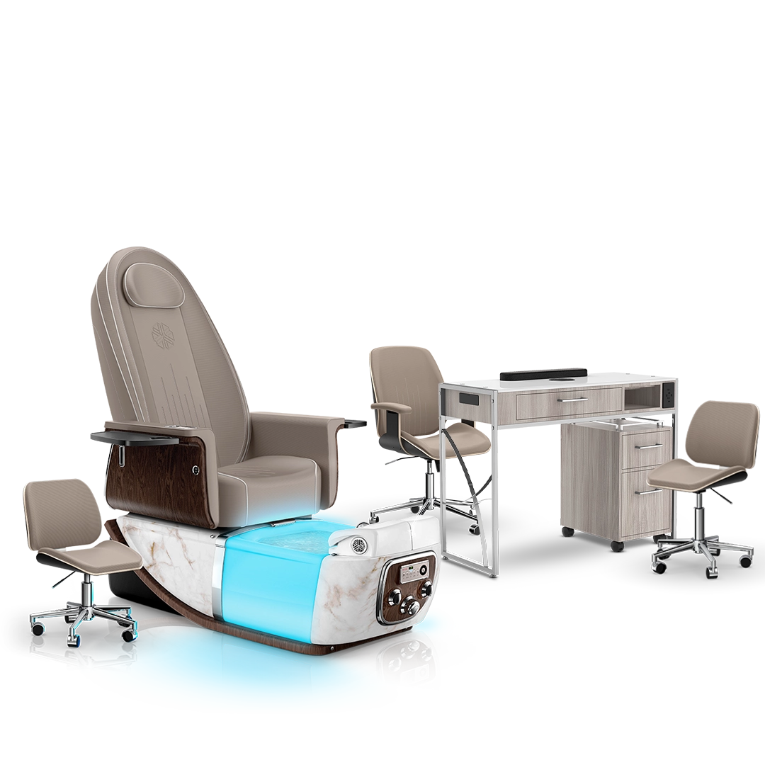 Claystone-White Moonstone-Hazel Lexor PRIVÉ ONE Pedicure Chair and Matching PRIVÉ Nail Table Set