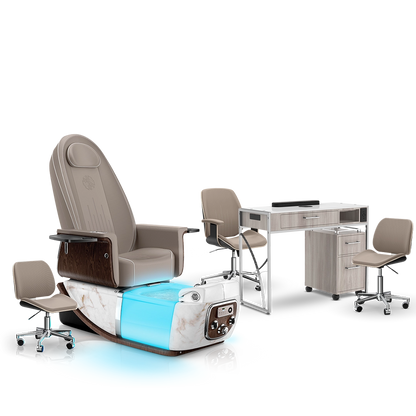 Claystone-White Moonstone-Hazel Lexor PRIVÉ ONE Pedicure Chair and Matching PRIVÉ Nail Table Set